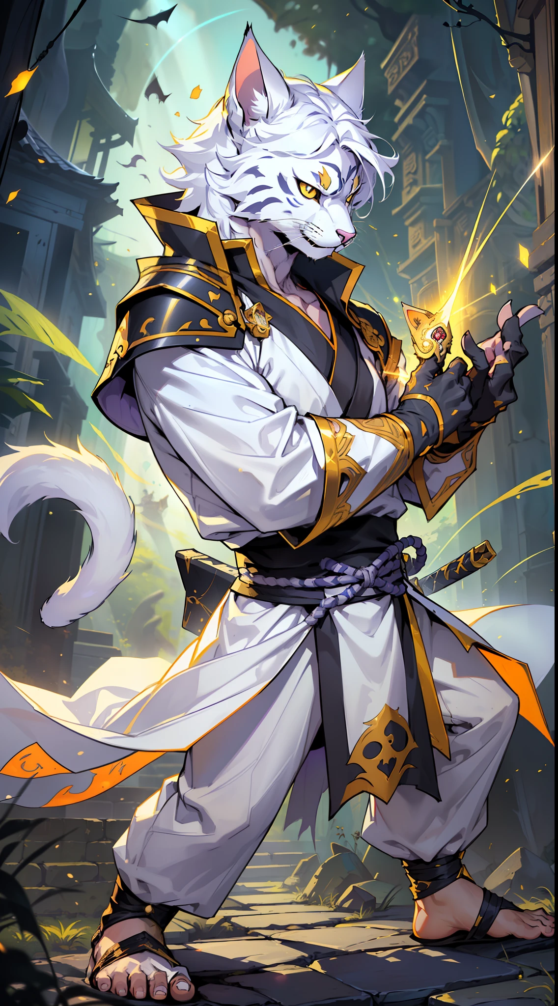 (extremely detailed 8k wallpaper:1.2), (best quality:1.2), (adventure and fantasy theme), profile (Paizo Pathfinder RPG character and Dungeons & Dragons), (anthropomorphic cat-man), (((catfolk breed))), ((cat hands, cat's feet, cat's tail))strong, sharp focus, (subsurface scattering:1.1), award-winning photography, ((White Ninja Paladin Catman Class:1.3)), ((full body shot:1.1)), Centered face, feline head of white fur, yellow eyes:1.2, (((((white costume of ancient ninja))))), oriental weapon in hand, fighting pose, (((particles of light energy shining over the whole character))) (standing before oriental monastery:1.3), (very detailed background:1.2),dramatic lighting, SFW