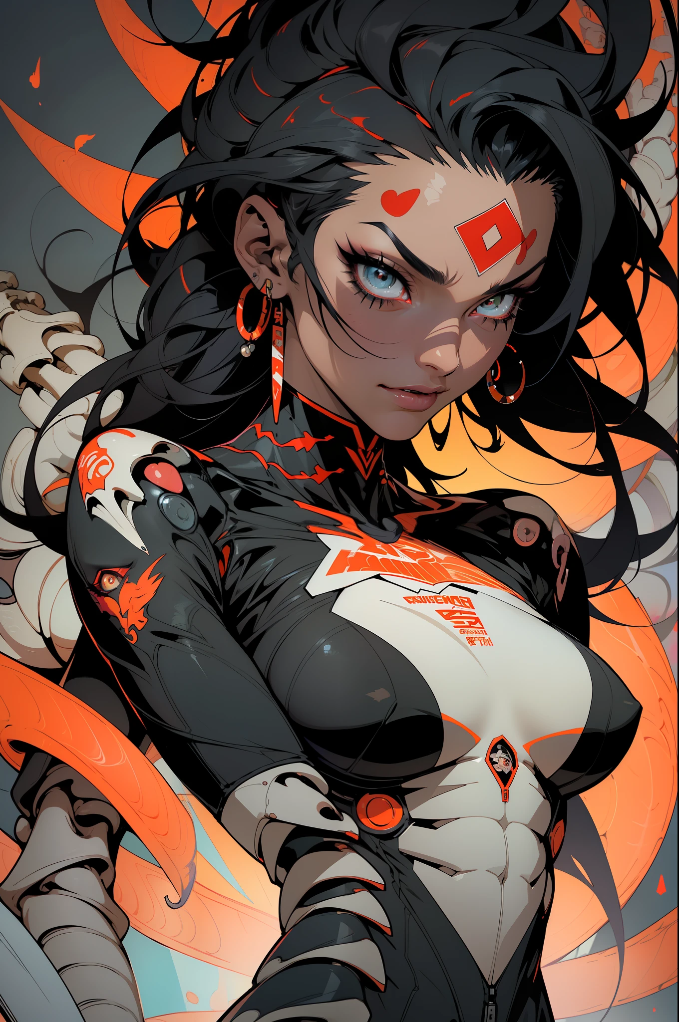 ((Best quality)), ((masterpiece)), (detailed: 1.4), (Absurd), 9full body0, muscular woman of 35 years, salmon kinetic skin with (((exposed muscles and bones)))), hot woman, sculptural body with defined muscles, closed mouth, muscular body wearing a micro thong, whole body covered by neon Genesis evangelion style salmon clothing, ((large breasts)), erect, (eyes with heavy and very black makeup),  (((black mohawk hair with misaligned colored locks)), (graphic drawings of flames covering the body), very long eyelashes, heavy eye makeup, by mucha, niji --V5, close to real, psychopath, crazy face, sexy pose, 2 piece clothing, pastel, centered, scale to fit the dimensions
