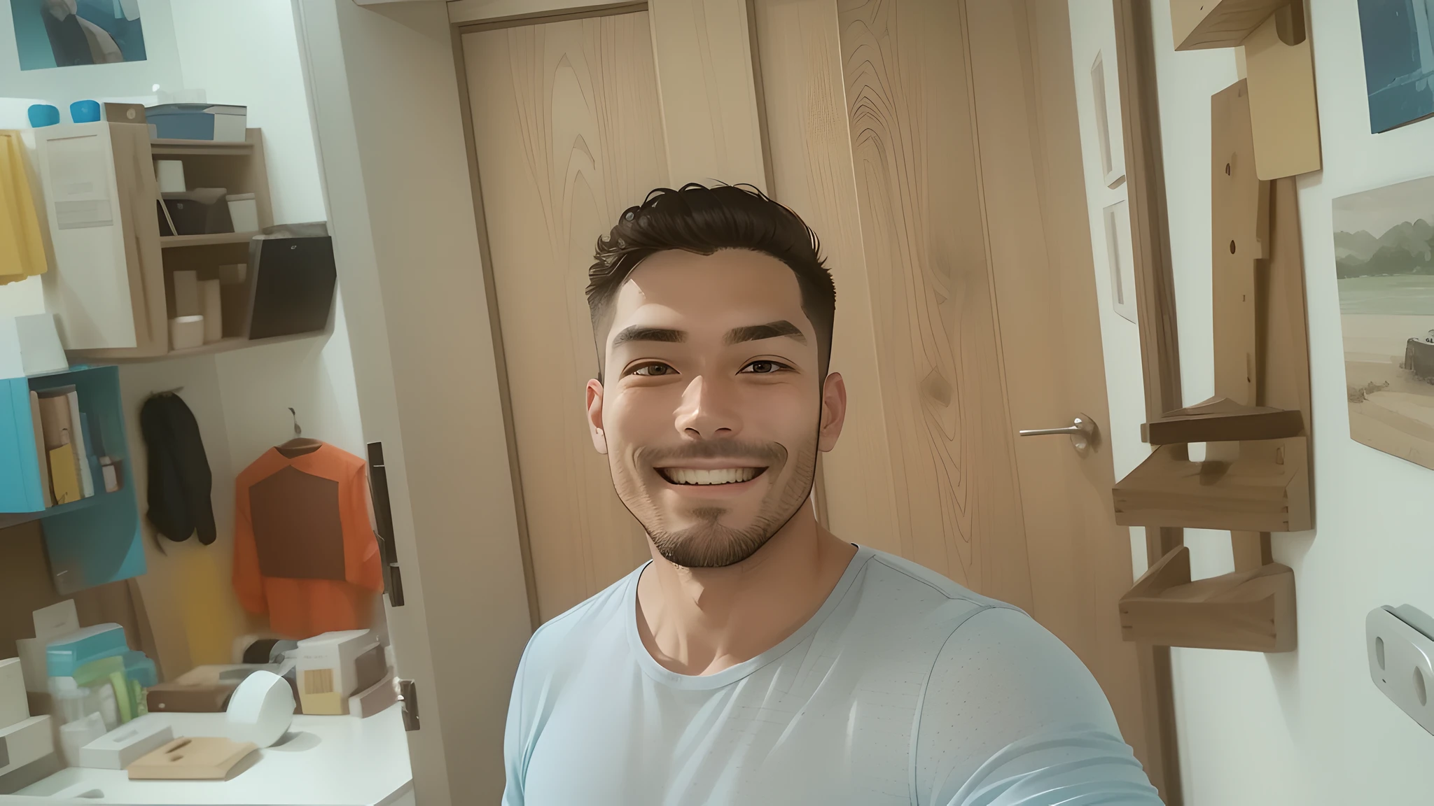 Man in blue shirt is taking a selfie, selfie of a man, smiling and looking directly, 2 9 years, he is! about 3 0 years old, improve background image, refine background --auto --s2