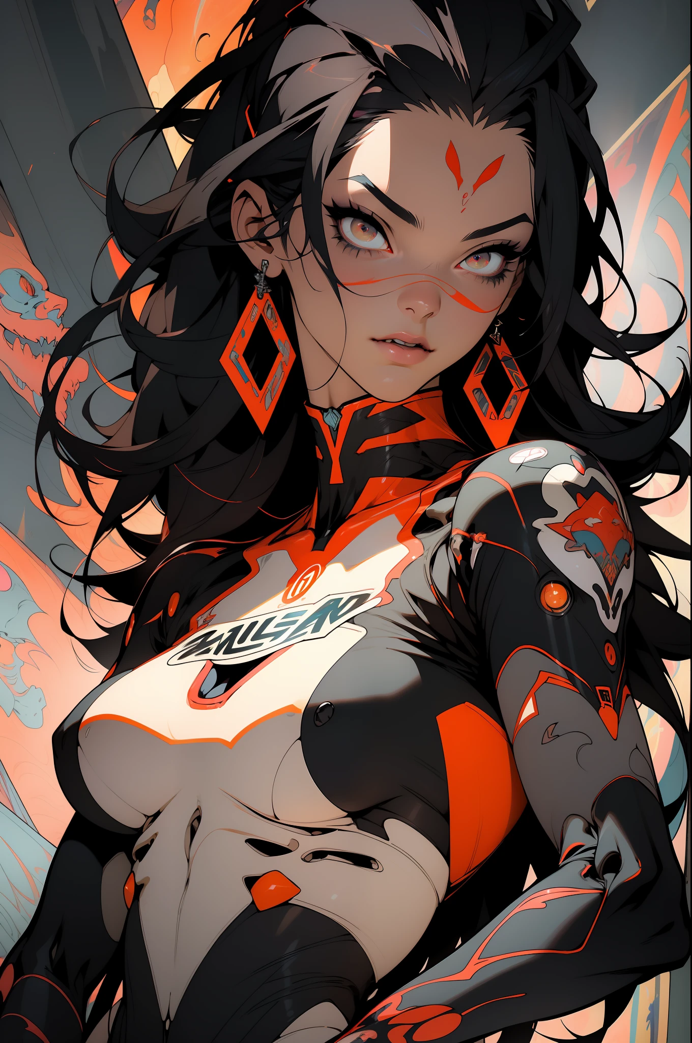 ((Best quality)), ((masterpiece)), (detailed: 1.4), (Absurd), 9full body0, muscular woman of 35 years, salmon kinetic skin with (((exposed muscles and bones)))), hot woman, sculptural body with defined muscles, closed mouth, muscular body wearing a micro thong, whole body covered by neon Genesis evangelion style salmon clothing, ((large breasts)), erect, (eyes with heavy and very black makeup),  (((black mohawk hair with misaligned colored locks)), (graphic drawings of flames covering the body), very long eyelashes, heavy eye makeup, by mucha, niji --V5, close to real, psychopath, crazy face, sexy pose, 2 piece clothing, pastel, centered, scale to fit the dimensions