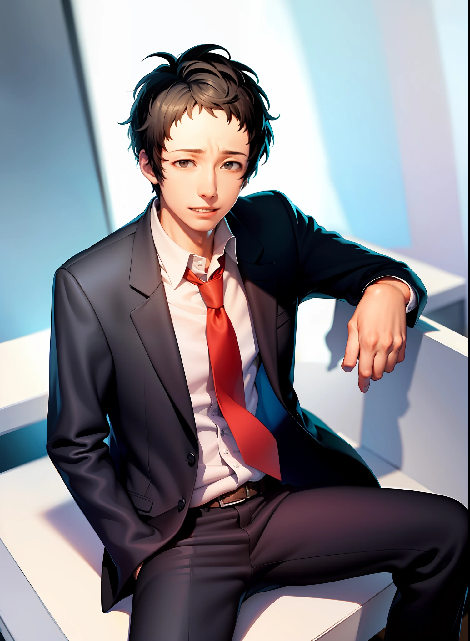 (masterpiece, best quality:1.2), solo, male focus, 1boy, adachi tohru, evil smile, looking at viewer, sitting, crossed legs, formal, suit, red necktie, black pants