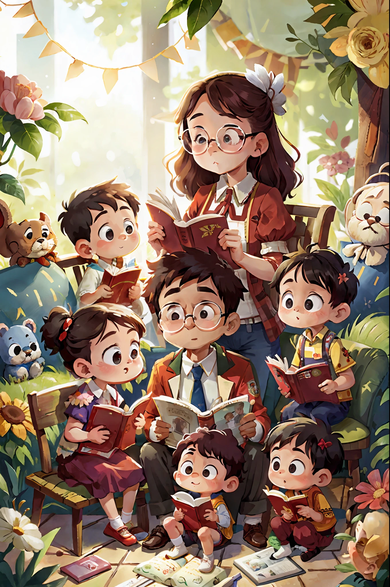 Family of readers, grandmother, grandfather, father, mother and children readers, sitting down for a family photograph
