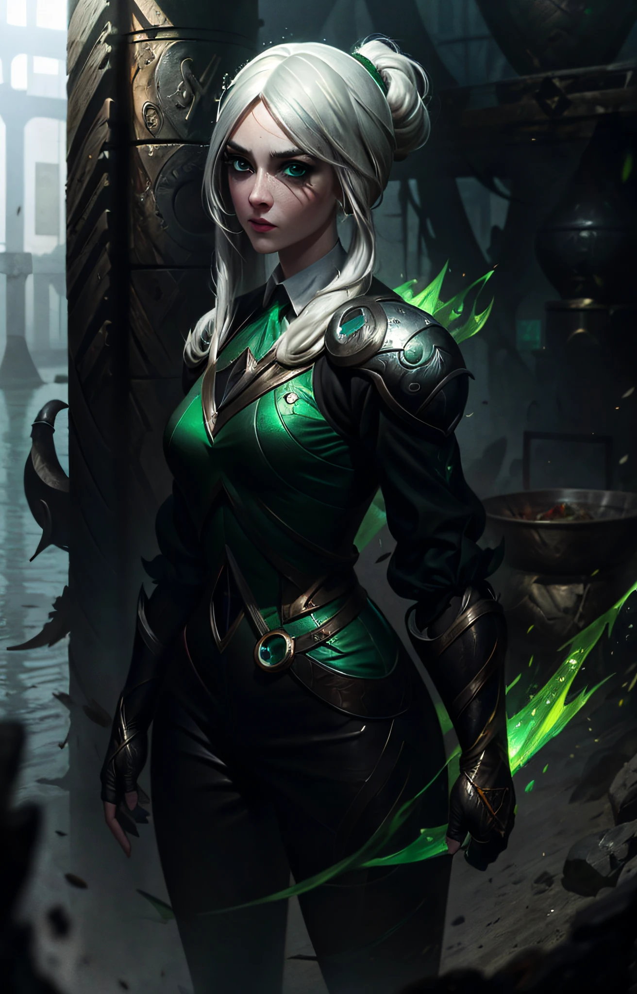 masterpiece, best quality, ultra-detailed, illustration, 1girl, cirilla, white hair, tied in ponytail,emerald green eyes, (close-up:0.5), straight on, face focus , highly detailed skin, standing, ), looking at viewer, black eyeliner, smokey eyes, (3D:0.5)