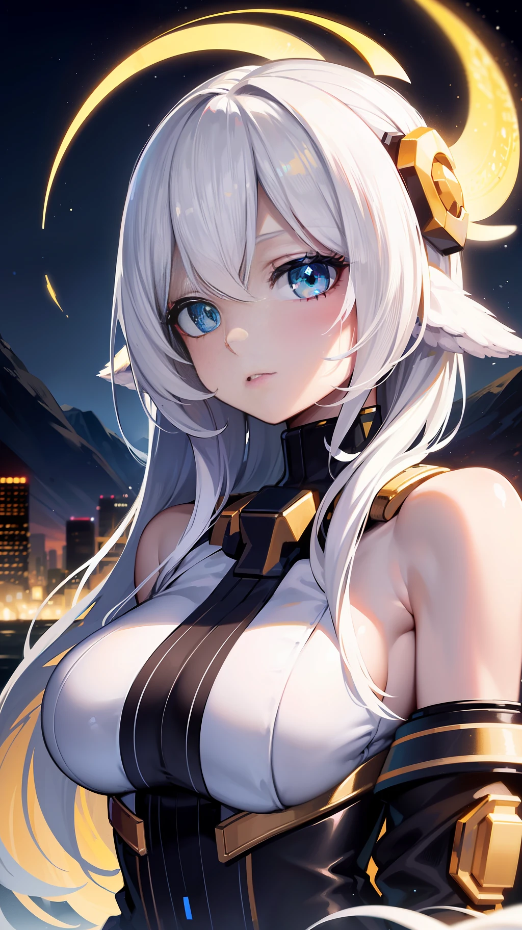 best quality, masterpiece, highres,
1girl, Detailed face, (Upper body:1.6), Cyber cities, mountains and rivers, night, firefly lights, Realistic, rich in detail, (White down:1.2), (beautiful body:1.4),