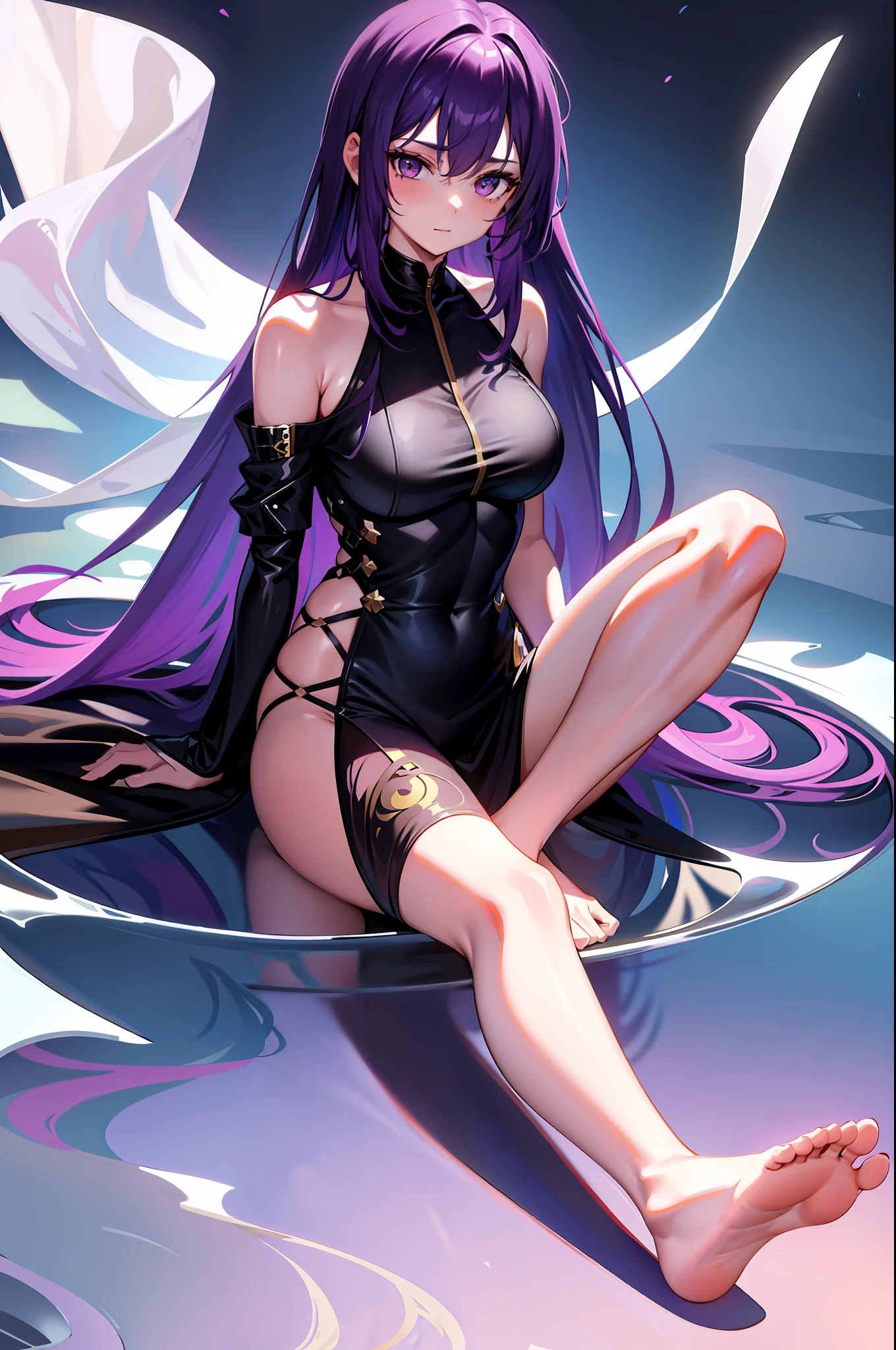 Beautiful girl, purple hair, long hair, detailed, complex, master painting style, barefoot, sitting on the ground, two-dimensional, see-through suit, soles of feet exposed