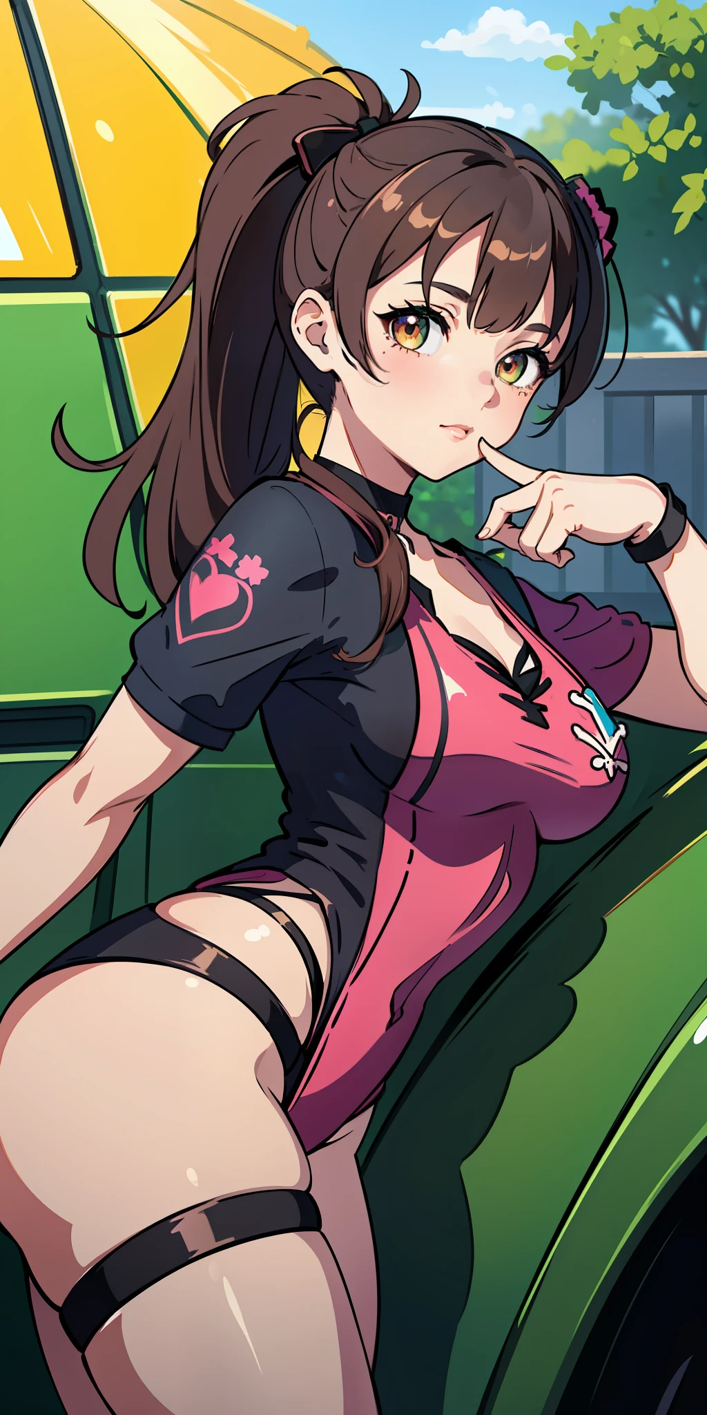 (masterpiece:1.2, best quality), (finely detailed beautiful eyes: 1.2), a girl with a brown ponytail, green eyes, big breasts, only 1 girl, age 20, black red dva jumpsuit