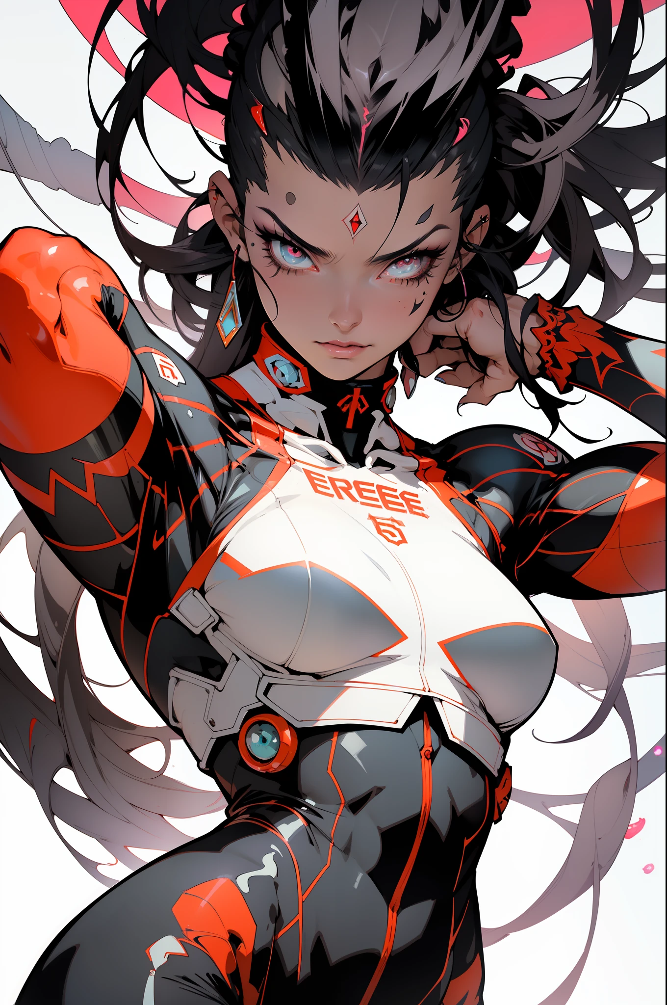 ((Best quality)), ((masterpiece)), (detailed: 1.4), (Absurd), 9full body0, muscular woman of 35 years, crimsom kinetic skin with (((exposed muscles and bones)))), hot woman, sculptural body with defined muscles, closed mouth, muscular body wearing a micro thong, whole body covered by crimsom clothes neon style Genesis Evangelion, ((large breasts)), erect breasts, (eyes with heavy makeup and very black), (((white mohawk hair with misaligned colored locks)), (graphic drawings of flames covering the body), very long eyelashes, heavy eye makeup, by mucha, niji --V5, near the real, psychopath, crazy face, sexy pose, 2-piece clothing, pastel, centered, scale to suit the dimensions