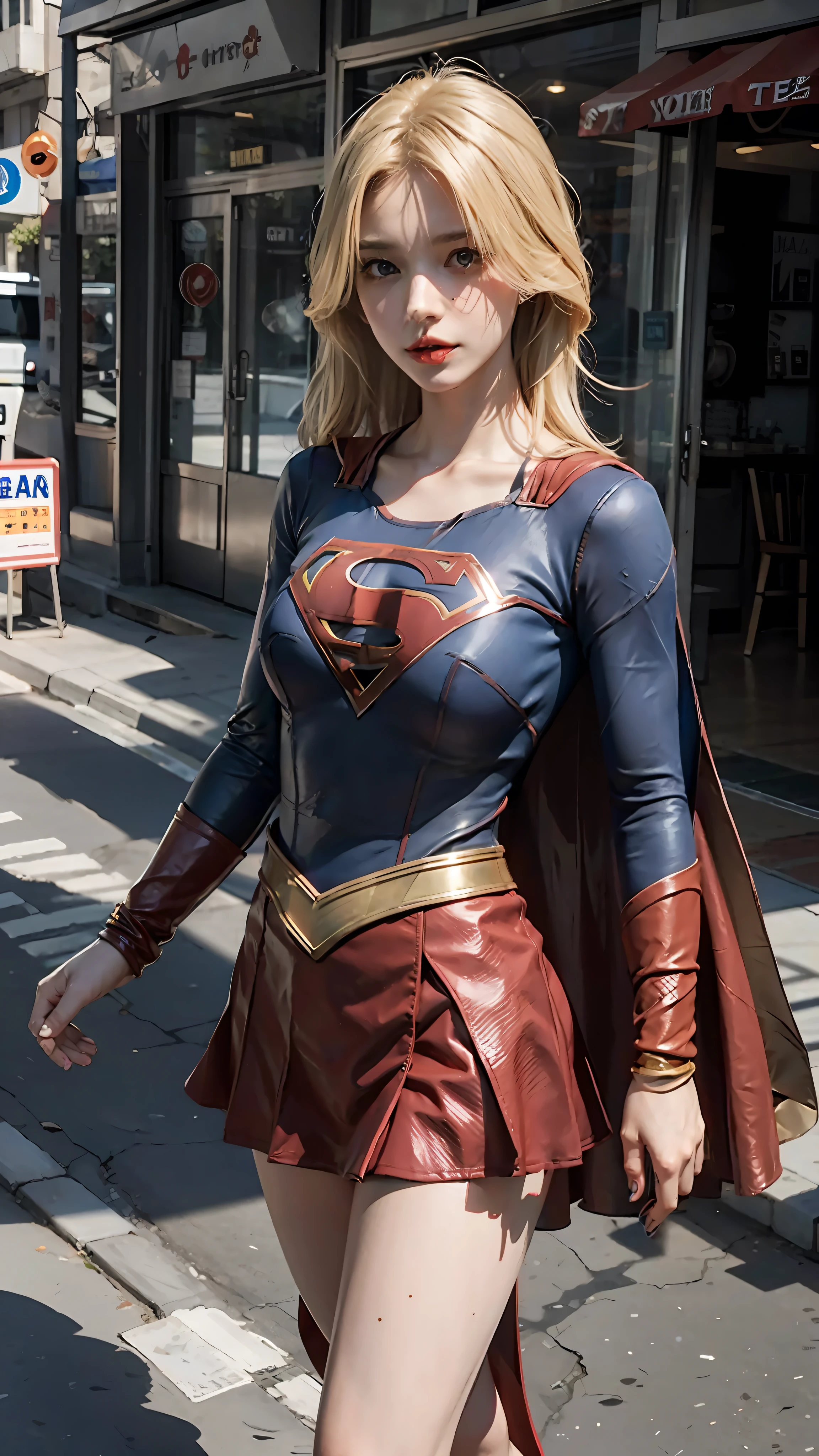 1 woman, Supergirl costume dress, medium breasts, blonde, daytime city