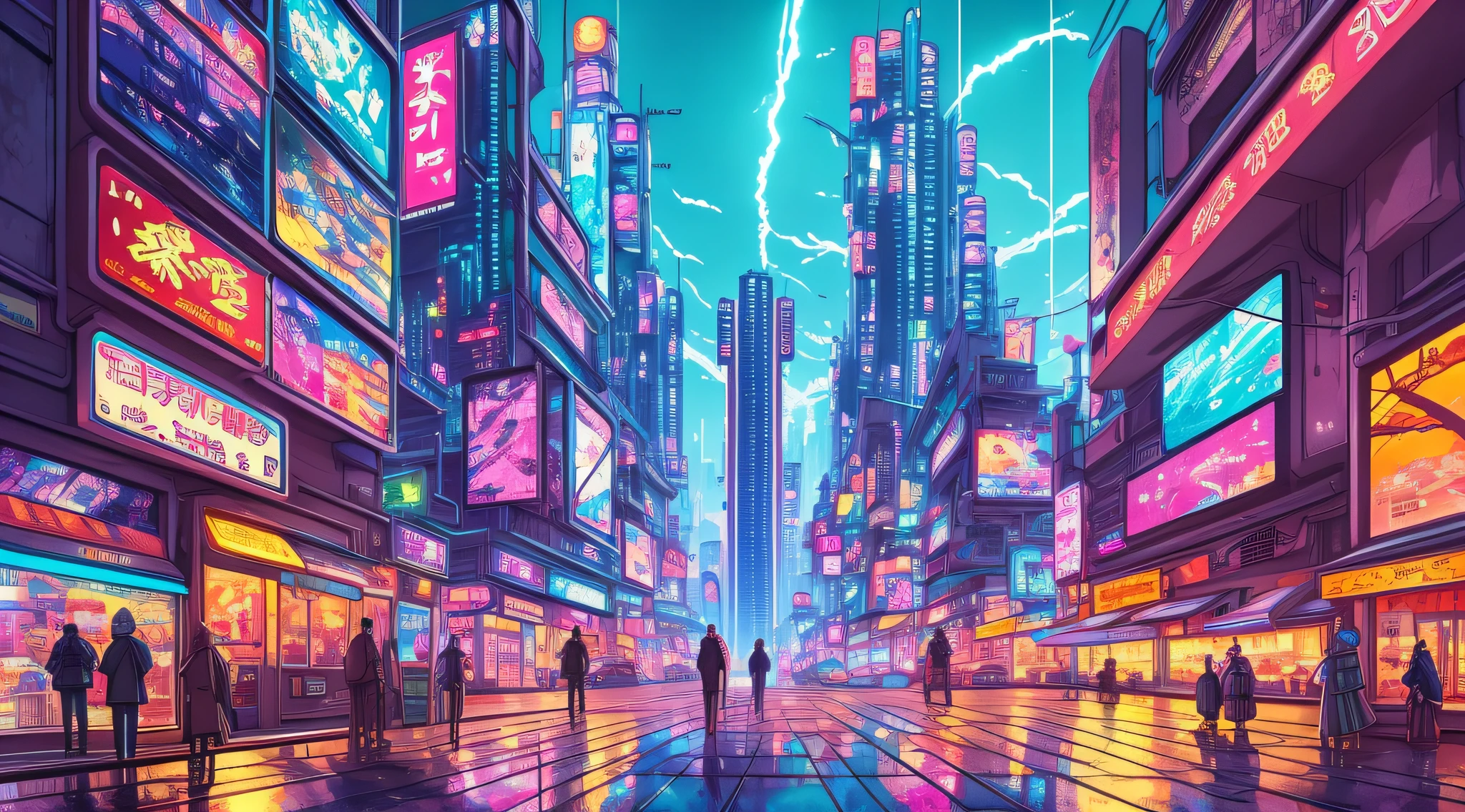 an anime city landscape in the style of cyberpunk