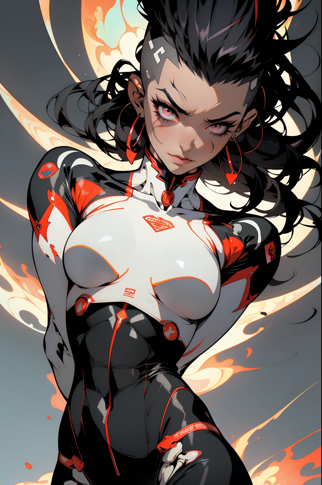 ((Best quality)), ((masterpiece)), (detailed: 1.4), (Absurd), 9full body0, muscular woman of 35 years, crimsom kinetic skin with (((exposed muscles and bones)))), hot woman, sculptural body with defined muscles, closed mouth, muscular body wearing a micro thong, whole body covered by crimsom clothes neon style Genesis Evangelion, ((large breasts)), erect breasts, (eyes with heavy makeup and very black), (((white mohawk hair with misaligned colored locks)), (graphic drawings of flames covering the body), very long eyelashes, heavy eye makeup, by mucha, niji --V5, near the real, psychopath, crazy face, sexy pose, 2-piece clothing, pastel, centered, scale to suit the dimensions