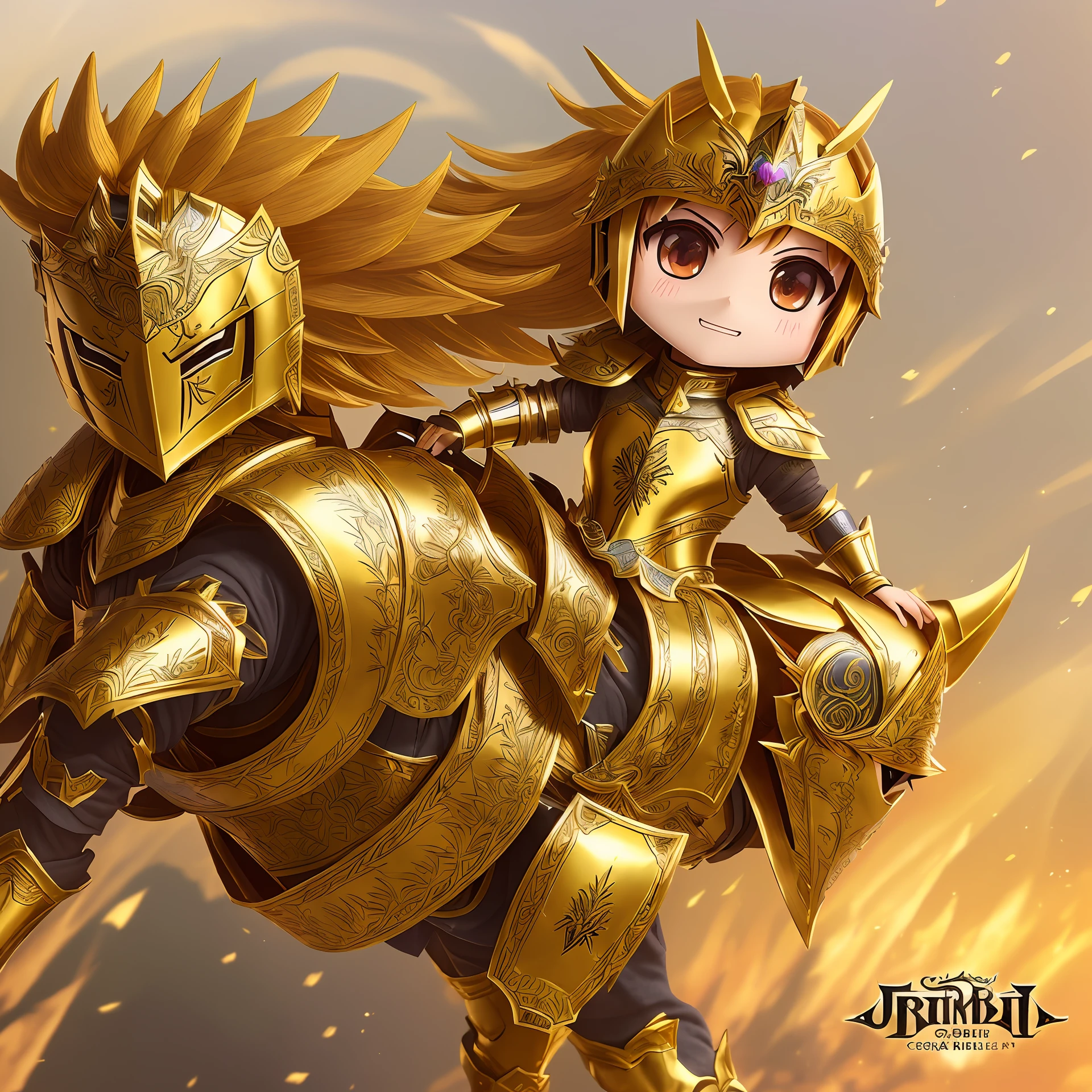 (((chibi))) , Using Unreal Engine, create a high-quality,masterpiece,Horseback riding, knight of princess,((gold metallic armor and Gorgeous embroidery on the armor)),sprinting feeling, right in front,((Detailed drawing.Vivid colors)) ,(extremely fine and beautiful),(perfect details).