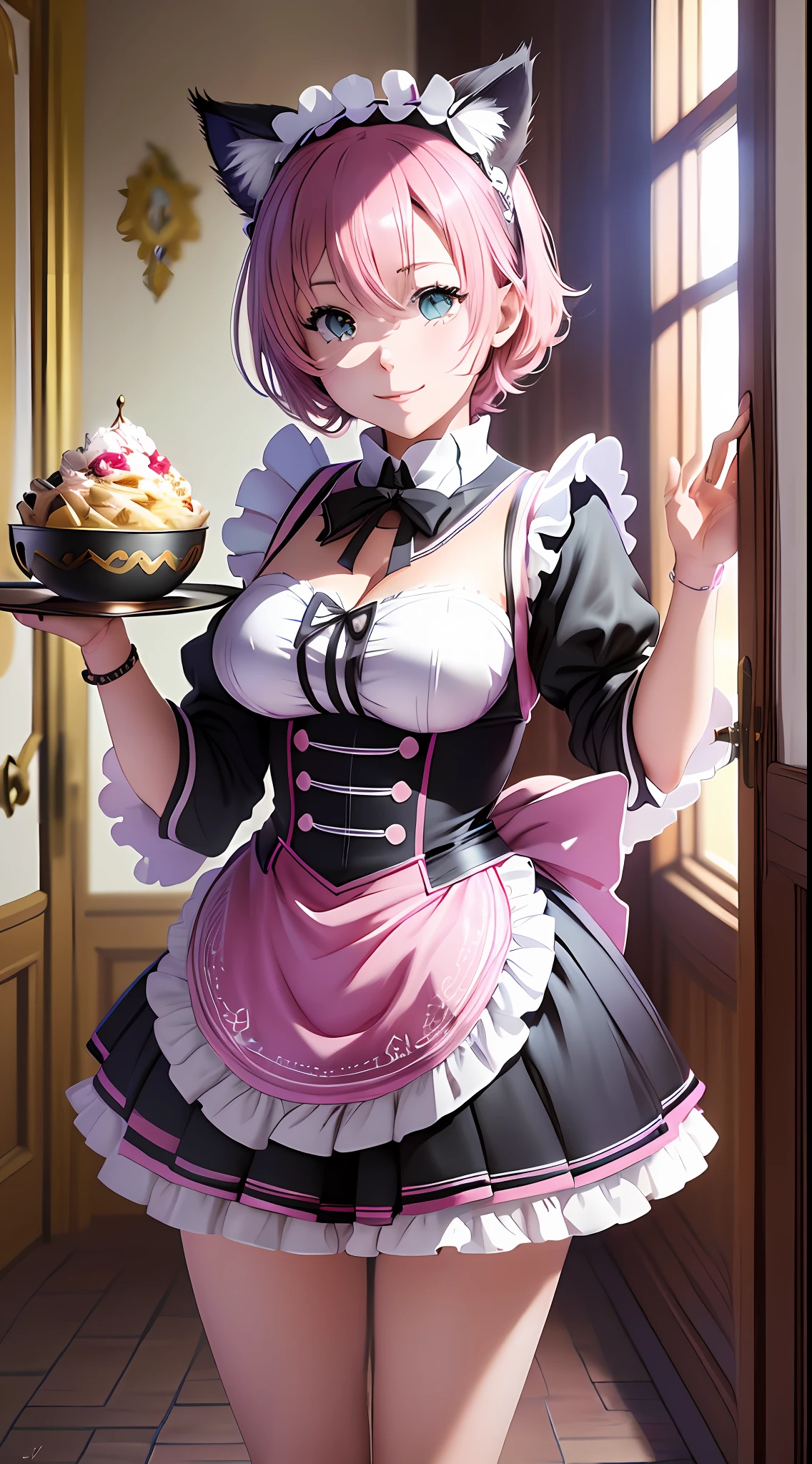 (a closeup of an anime character holding a tray of food), (anime cat girl with pink cat ears and pink hair in a maid costume), full body commission, commission for high resolution, (maid outfit), (anime girl in a maid costume, cosplay of a cat) (short dress), oc commission,  in pixiv, cute anime cat, (waitress) girl, catgirl anime, beautiful maid, full body commission for anime, hyper realistic texture, realistic photo, ultra detailed, no drawing edges, Smiling! , photorealistic, dark scenery, fighting using sword and pistol, Fighting in battle in a dark place, texture of ultra realistic clothes, Natural lighting, realistic lighting, no dark edges, detailed shadows, ultra realistic photo, absurd realistic, realism, no drawing edges, ultra absurd photorealistic, mega realistic hair, mega realistic clothes, absurdly realistic details, no deformities, no drawing edges,  no drawing lines, 8K, 4K