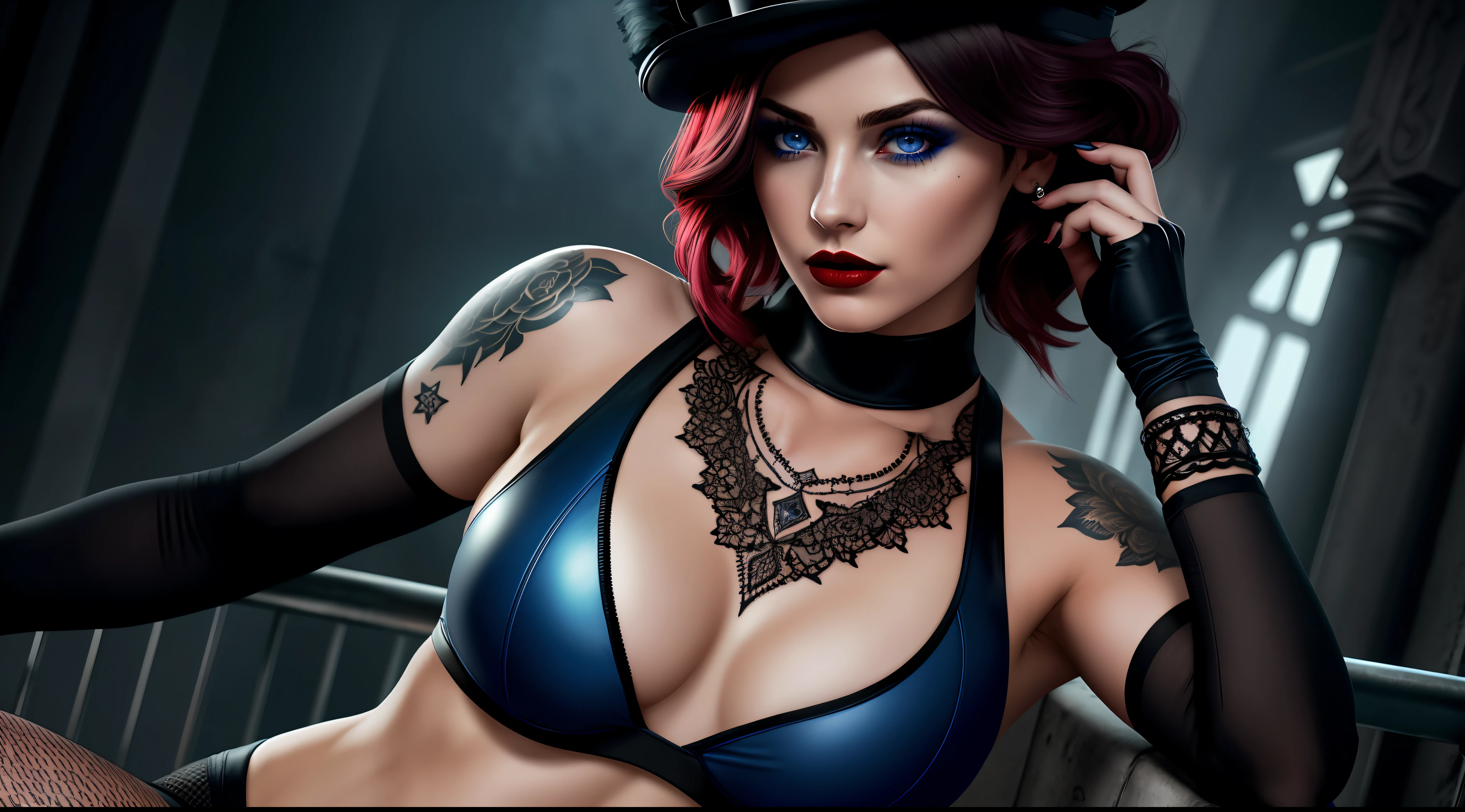 1 girl, solo, Gang leader, female, London year 1814, cloudy, athletic physique, no clothes, hollow, tattoos on the torso, matte top hat, cunning look, rough look, cinematic, 6d cannon, octane rendering, vintage aesthetic, mysterious aura, dark atmosphere, detailed face, mysterious aura, bright skin, short black hair, detailed intense blue eyes, arched eyebrows, dark makeup, full lips, deep red lipstick, full body, WLOP, 1 girl, solo, rendered in 8K resolution for high quality detail,perfect anatomy, hands with 4 fingers and 1 thumb, rendered in 8K resolution for high quality detail, 8K image quality, 8K high resolution image, hyper detailed, super realistic, intricate details