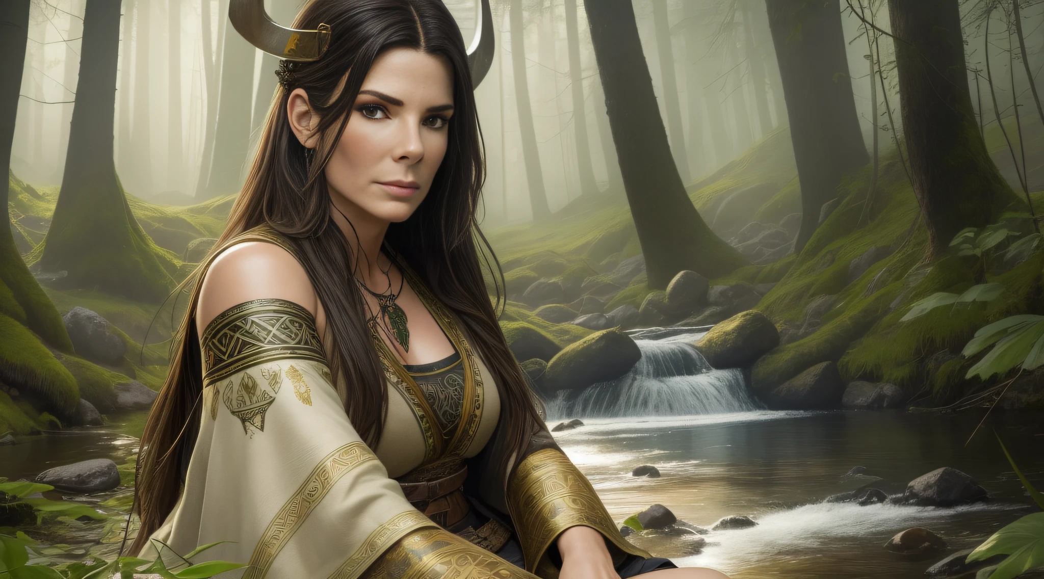 Sandra Bullock is a very beautiful woman, a Viking warrior sitting near a campfire at dawn in the middle of a forest on the edge of a stream, the vegetation is green and the lights pass through the leaves of the trees, a soft mist covers the environment, white and gold clothes and black details, Celtic tattoos for the body. colorful, two-dimensional