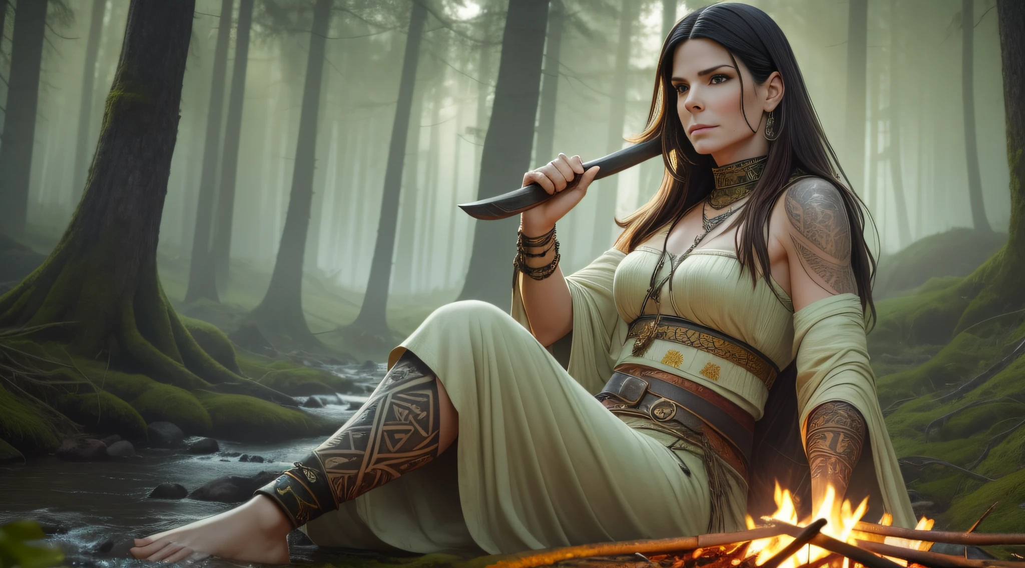 Sandra Bullock is a very beautiful woman, a Viking warrior sitting near a campfire at dawn in the middle of a forest on the edge of a stream, the vegetation is green and the lights pass through the leaves of the trees, a soft mist covers the environment, white and gold clothes and black details, Celtic tattoos for the body. colorful, two-dimensional