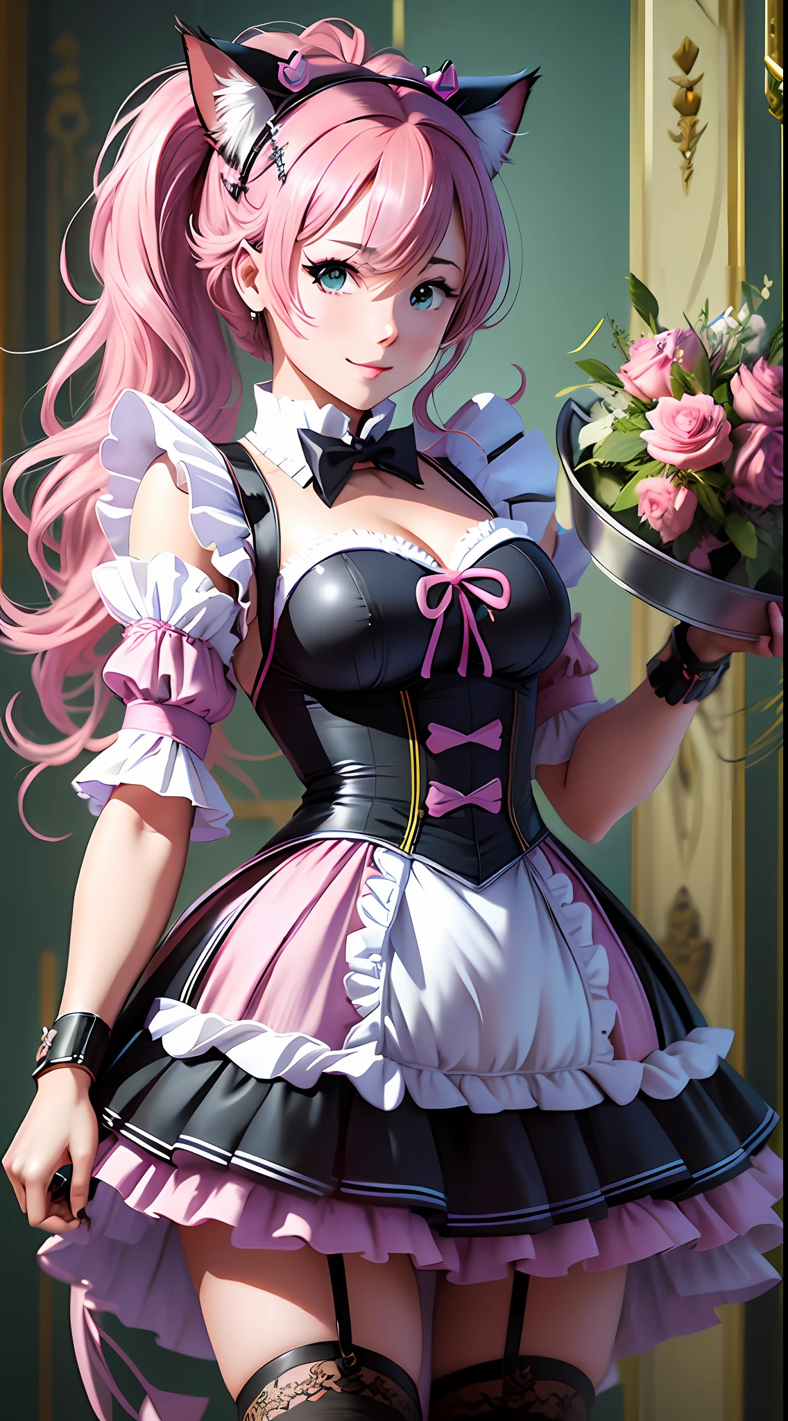 (a closeup of an anime character holding a tray of food), (anime cat girl with pink cat ears and pink hair in a maid costume), full body commission, commission for high resolution, (maid outfit), (anime girl in a maid costume, cosplay of a cat) (short dress), oc commission,  in pixiv, cute anime cat, (waitress) girl, catgirl anime, beautiful maid, full body commission for anime, hyper realistic texture, realistic photo, ultra detailed, no drawing edges, Smiling! , photorealistic, dark scenery, fighting using sword and pistol, Fighting in battle in a dark place, texture of ultra realistic clothes, Natural lighting, realistic lighting, no dark edges, detailed shadows, ultra realistic photo, absurd realistic, realism, no drawing edges, ultra absurd photorealistic, mega realistic hair, mega realistic clothes, absurdly realistic details, no deformities, no drawing edges,  no drawing lines, 8K, 4K