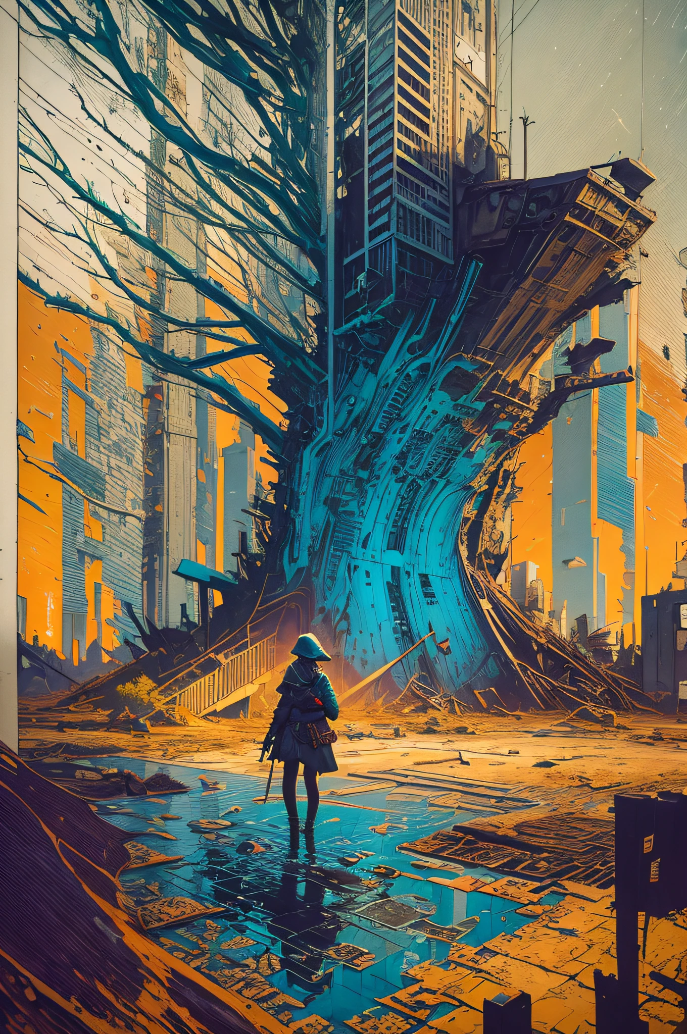 line art, minimal stroke, 1 girl, poor, destroyed city, destroyed vehicles, ruins, old time, ancient, (paper cut: 1.2), colorful, ((masterpiece: 1.3)), 8k, gradient orange to purple, water puddle, dead trees, dead plants, cracked floor, earthquake, apocalyptic, rain, night, horror, apocalyptic, pictorial, abstract, zombies