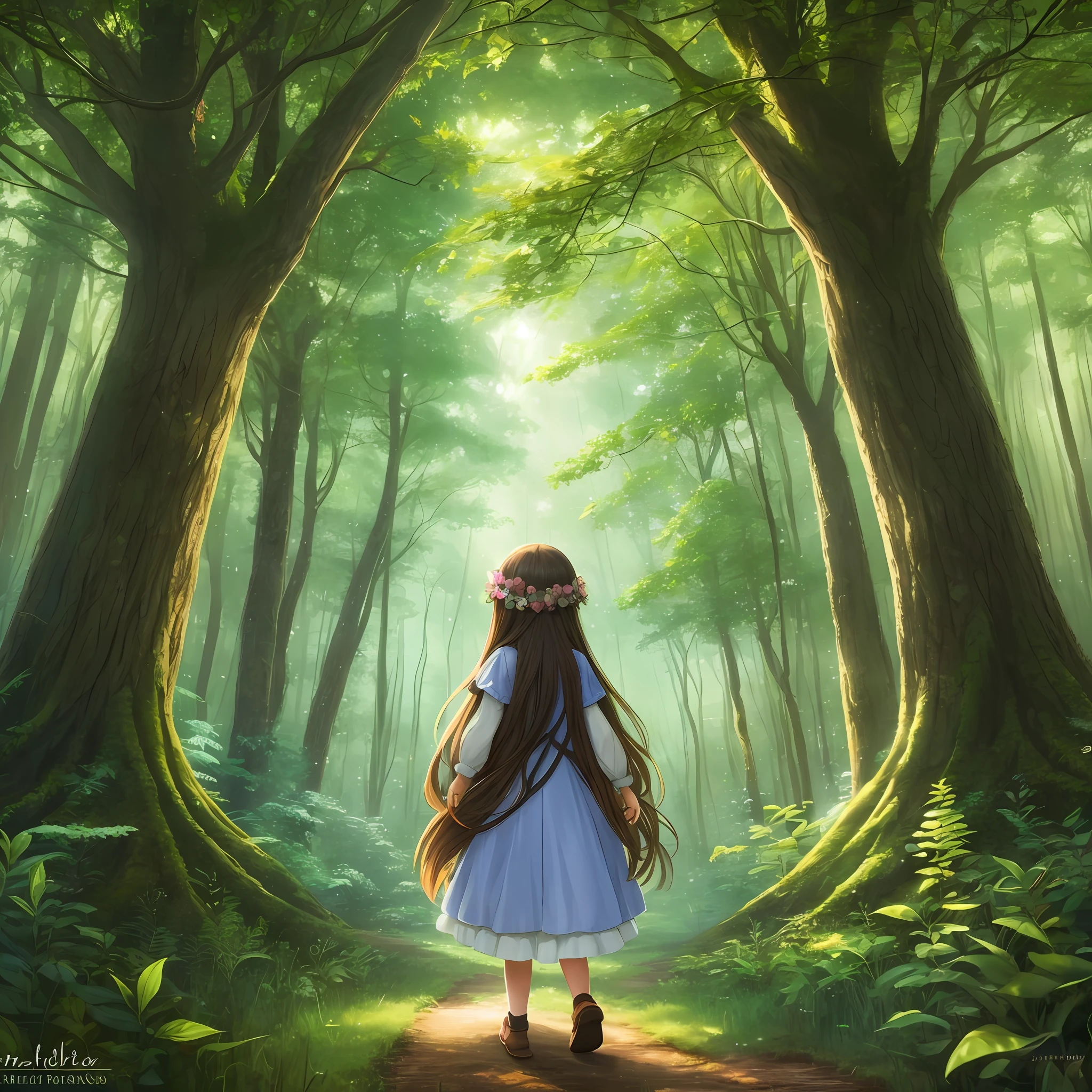 A very cute little girl is lost in an enchanted forest, with a round face, very long hair, perfect eyes, very giant and dense trees, feeling of smallness before the environment, digital art --auto --s2
