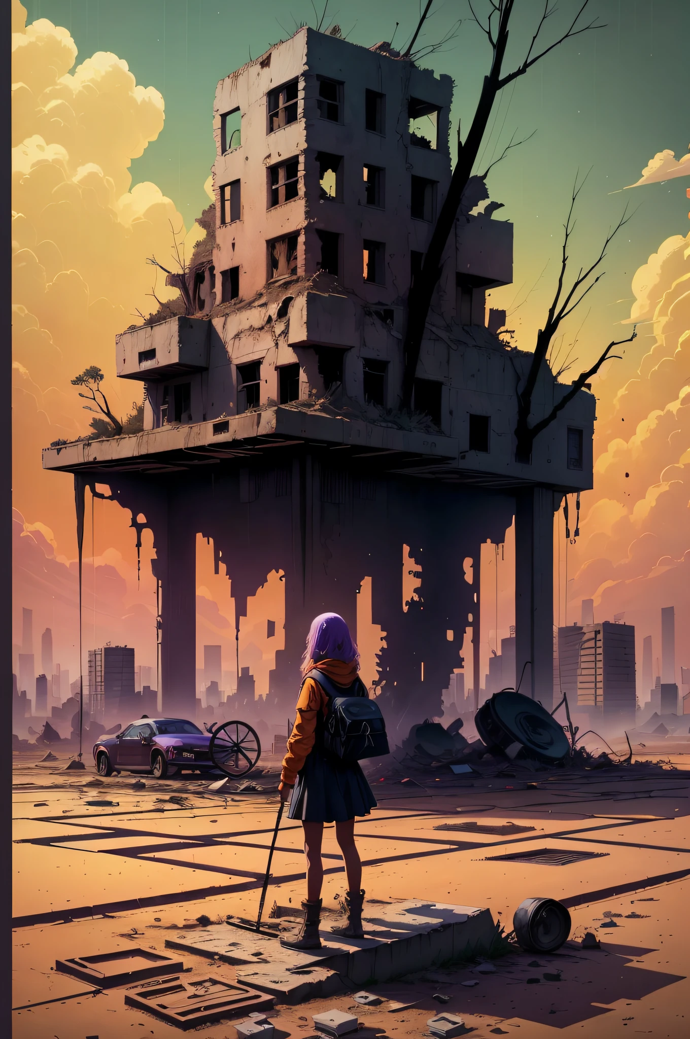 line art, minimal stroke, 1 girl, poor, destroyed city, destroyed vehicles, ruins, old time, ancient, (paper cut: 1.2), colorful, ((masterpiece: 1.3)), 8k, gradient orange to purple, water puddle, dead trees, dead plants, cracked floor, earthquake, apocalyptic, rain, night, horror, apocalyptic