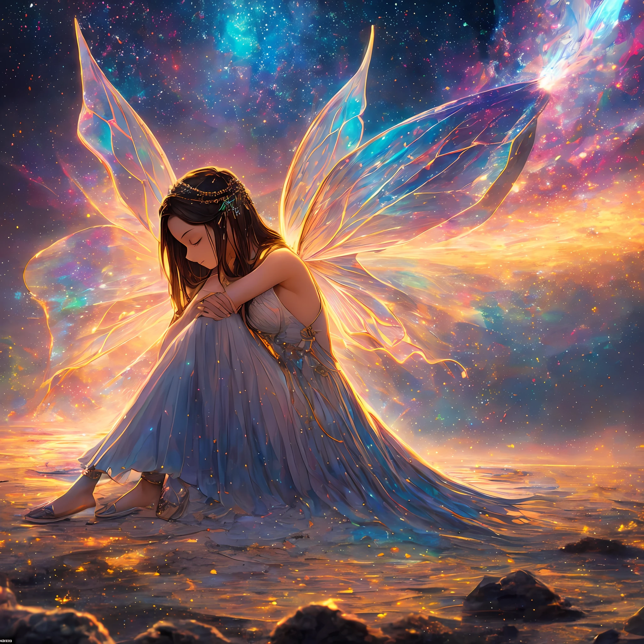 Image of a fragile woman with delicate features, sitting curled up with her hands hugging around her legs. It has butterfly wings sticking out of its back, symbolizing the idea of liberation. The image is colorful, but has a context of light that surrounds it, highlighting the delicacy and the sense of hope. The wings are visible and draw attention, representing transformation and the quest for freedom. ((best quality)), ((masterpiece)), ((realistic)), portrait, 1girl, heavenly, deity, goddess, particles of light, halo, looking at the viewer, (bioluminescent: 0.95) ocean, bioluminescent, vibrant, colorful, color, (bright, brightness), (beautiful composition), cinematic lighting, intricate, (symmetrical: 0.5), capricious, The resolution of the image is 8K, providing a sharp and rich visualization in detail. The carefully represented textures enhance the visual experience, enriching the scene.