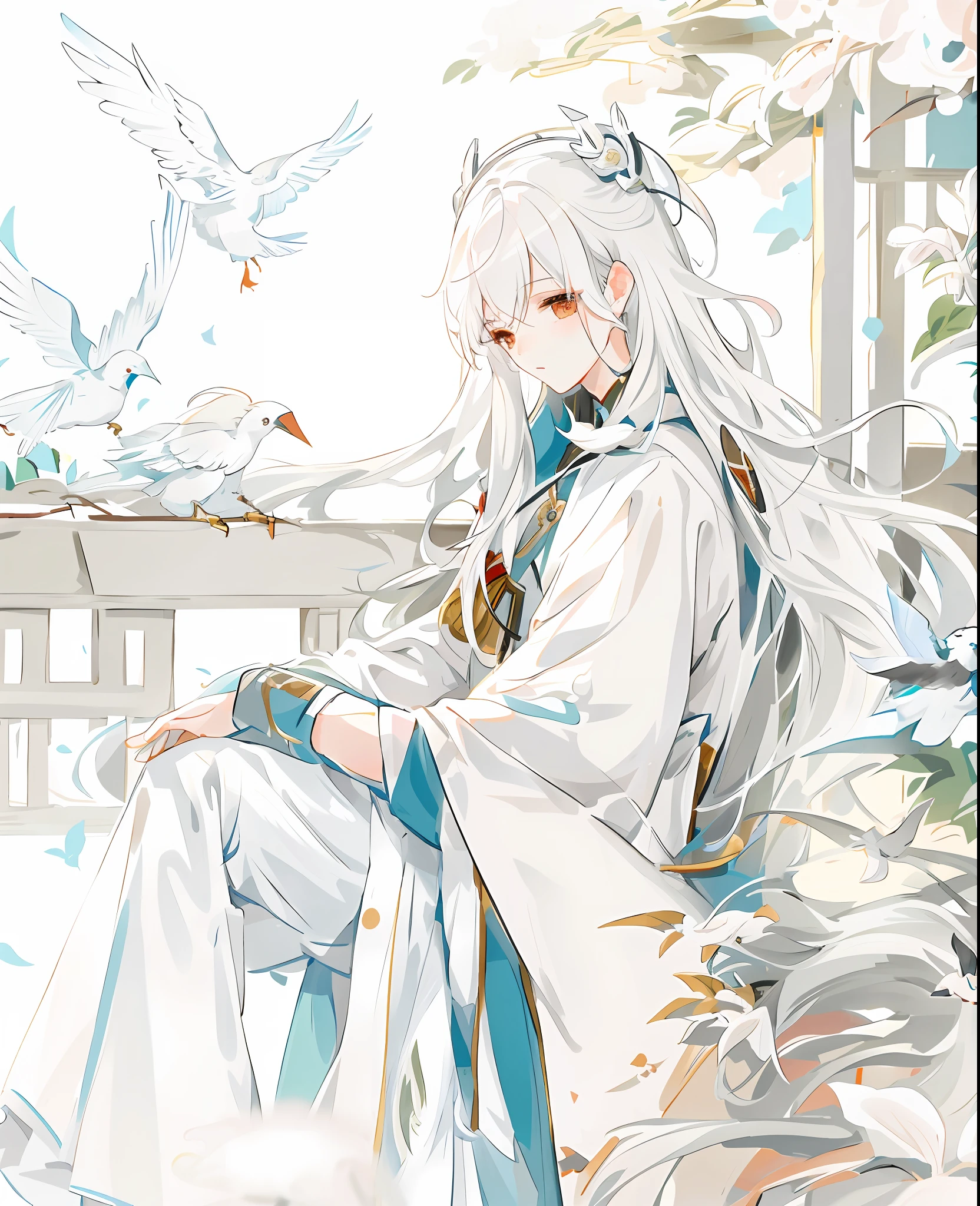 Anime boy sitting on a bench, birds flying around her, white-haired god, Guwiz, flowing white robe, Ye Xin, beautiful character painting, long white hair, Guvitz-style artwork, Yang J, inspired by Bian Shoumin, white long hair, Keqing from Genshin impact, white Hanfu
