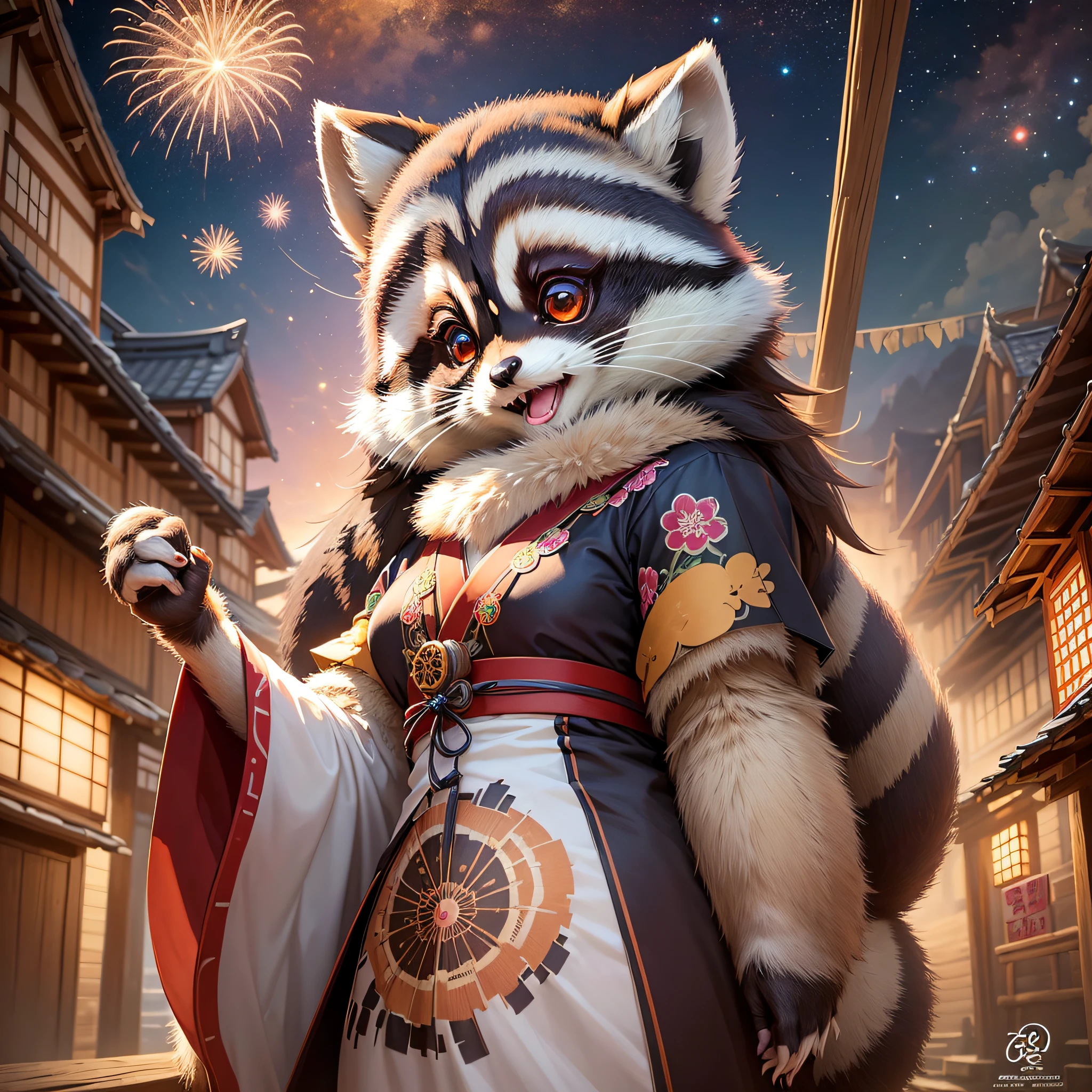 ((Masterpiece)), top quality, super detailed, high resolution, anthropomorphic tanuki (cute female raccoon: 1.3), traditional Japan clothes, happy and playful, village festive atmosphere, brightly colored decorations, fireworks, starry sky. --auto --s2