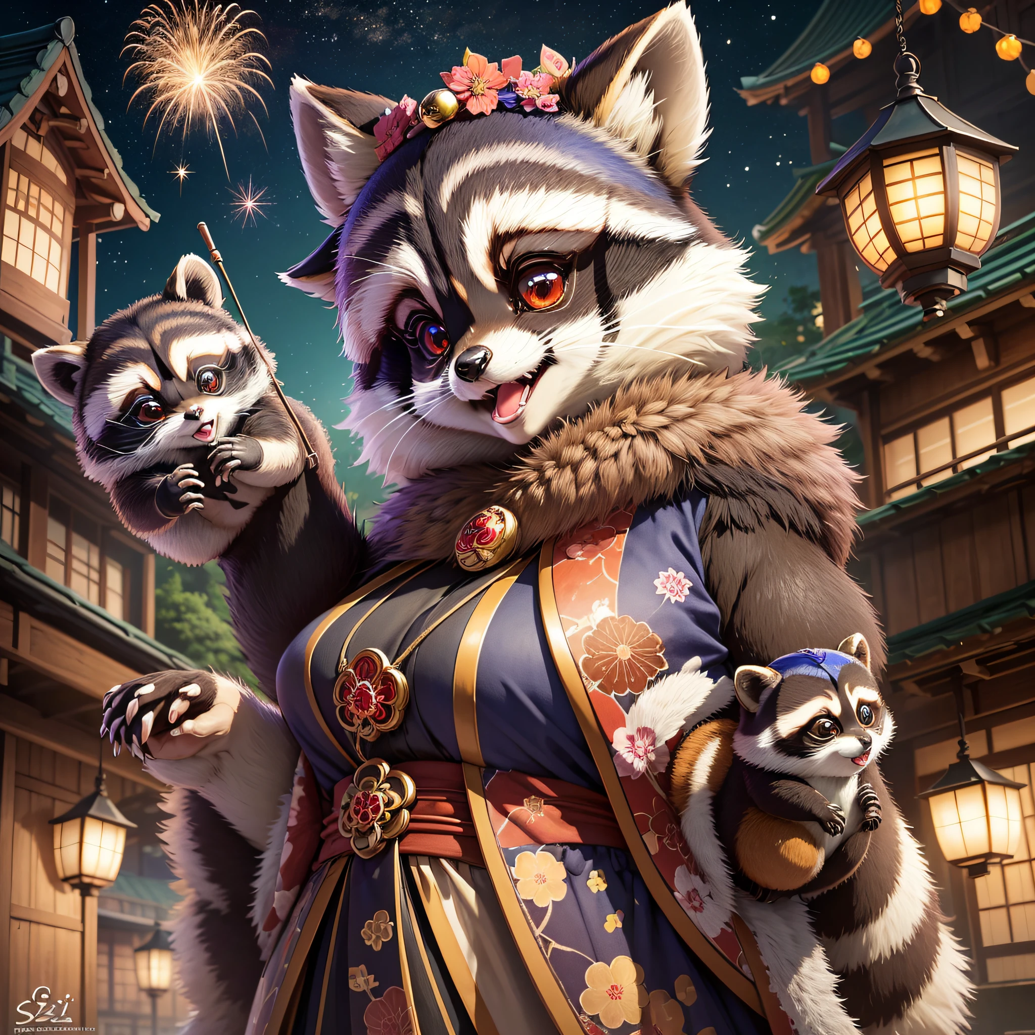 ((Masterpiece)), top quality, super detailed, high resolution, anthropomorphic tanuki (cute female raccoon: 1.3), traditional Japan clothes, happy and playful, village festive atmosphere, brightly colored decorations, fireworks, starry sky. --auto --s2