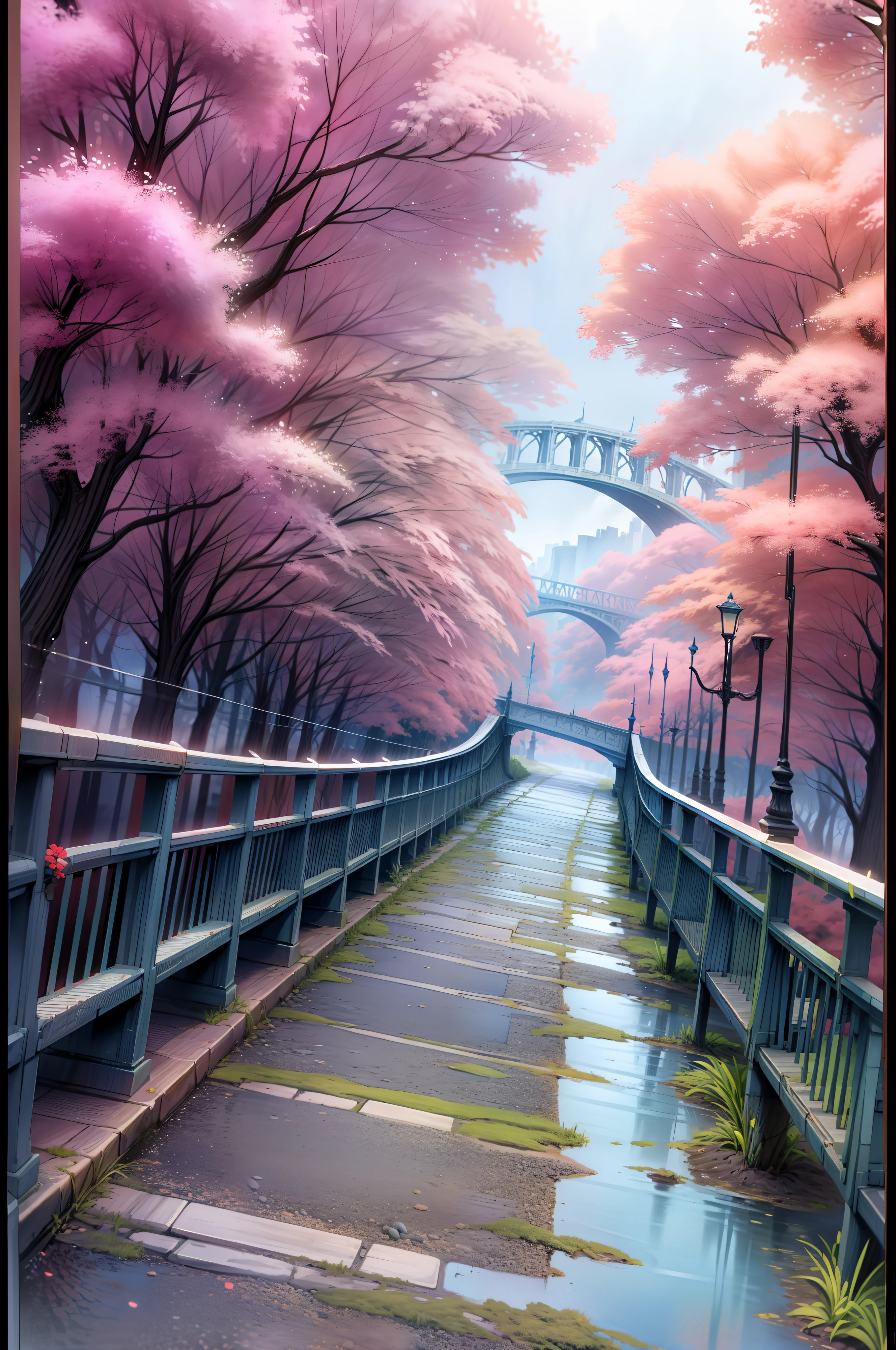 (magical place: 1.2, vibrant colors: 1.1, bridge, city on the horizon, 8k) road with tree around, rain, storm, cg