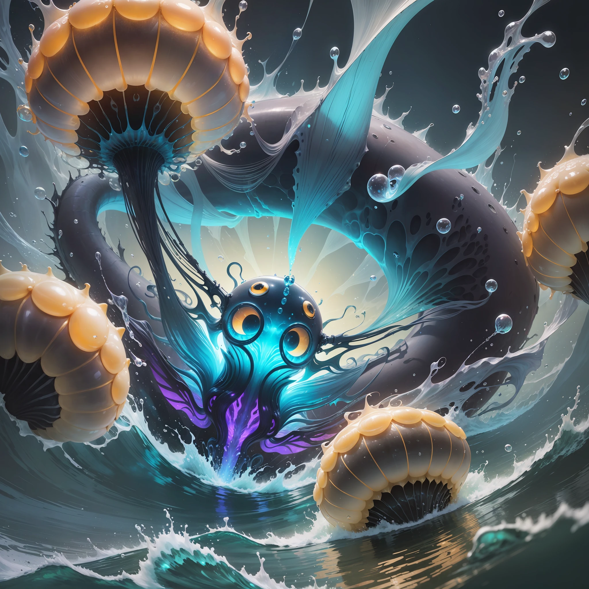 Best Quality, Masterpiece, Extreme Artwork, League of Legends Original Art, Sealed Jellyfish, Gills, Water Around the Body, Alien, Monster, Universe, Sharp, Mysterious, Big Dynamic, Perspective, Focus Clear, Pokemon, Emoticon Pain, (Dark Attribute 1.3), Flattened (1.4), Texture, Dark Simple Background --auto --s2