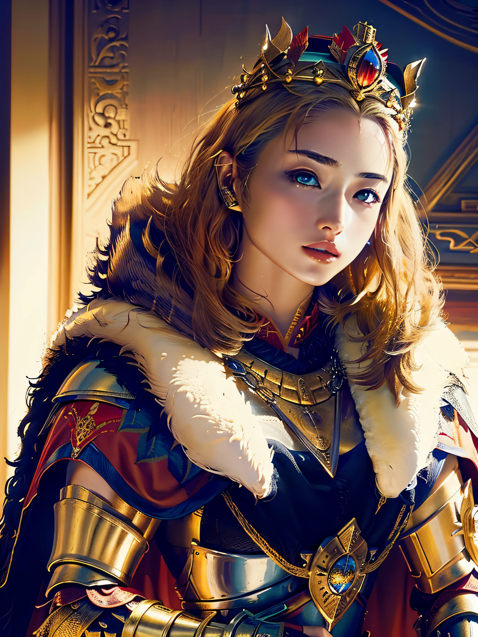 (masterpiece, top quality, best quality, official art, beautiful and aesthetic:1.2), (1girl), (warrior queen armor, fur-lined cape, jeweled crown:1.2),serious
