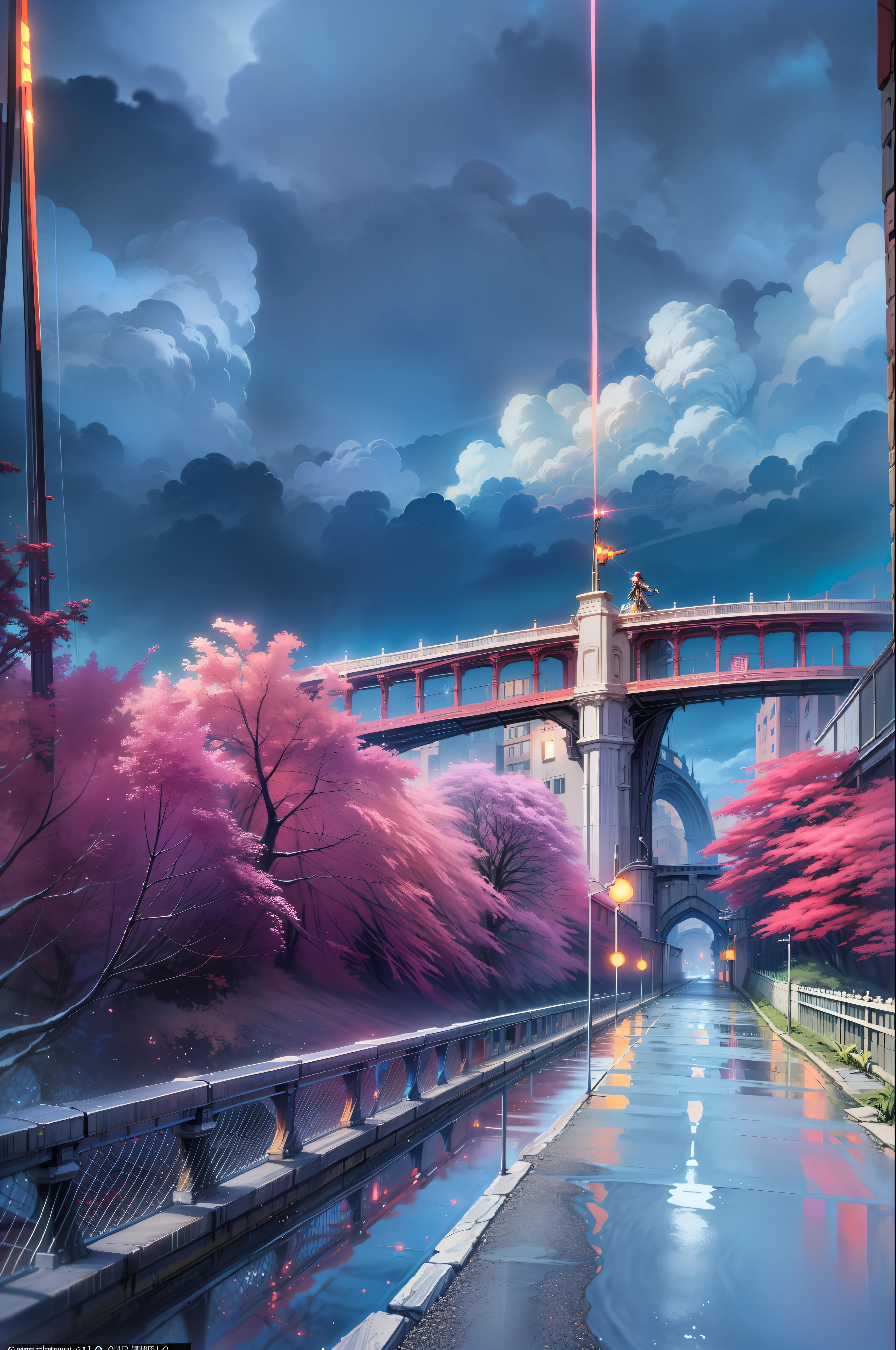 (magical place: 1.2, vibrant colors: 1.1, bridge, city on the horizon, 8k) road with tree around, rain, storm, cg