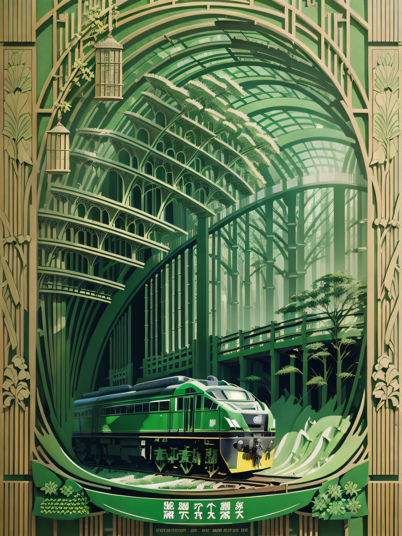 Green travel poster, paper-cutting works, urban and environmental protection theme paper-cutting works, green, openwork design, bamboo, high-speed rail, light and shadow, 3D