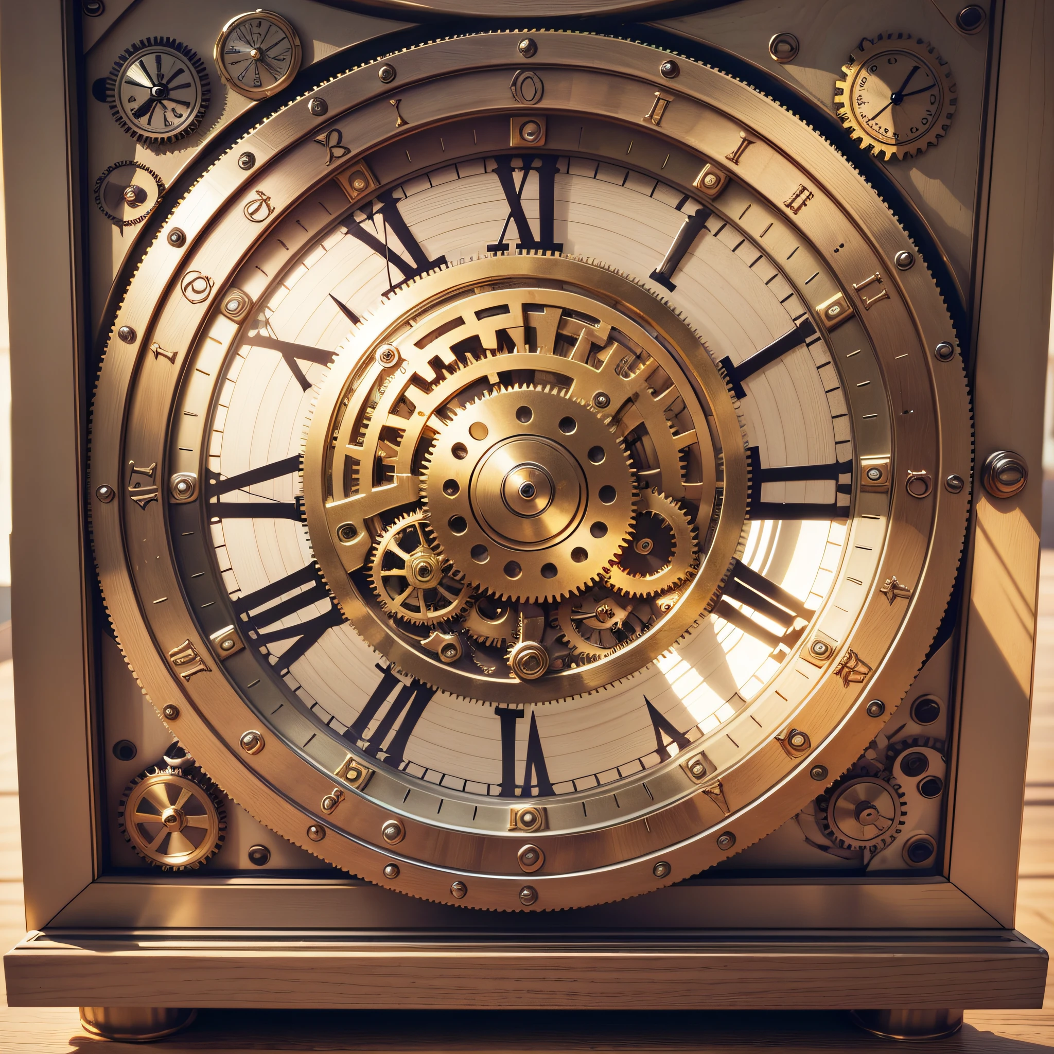 a large wooden clock, several small clocks inside, forming the gear, gold and silver pieces --auto --s2
