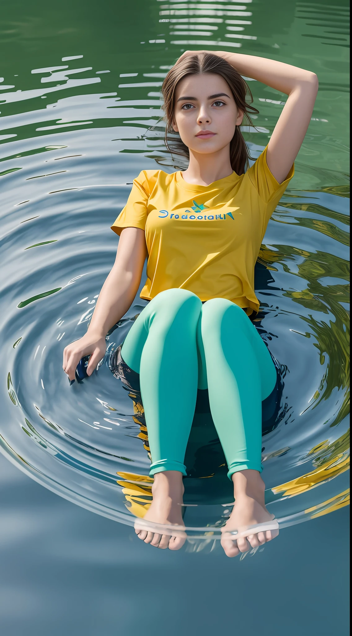Woman, 20 years old, European, wearing a yellow Tshirt with a blue logo, green leggings, shoes, Floating on the surface of a lake, partially submerged, floating hair, sunny day, realistic --auto --s2