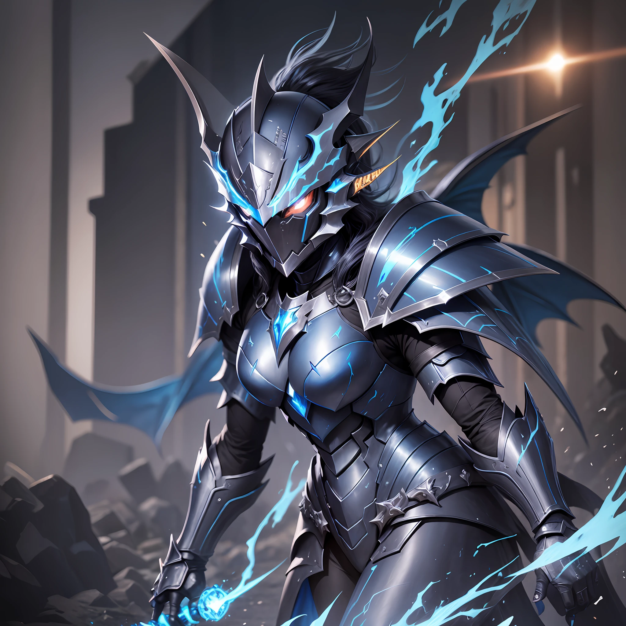 Knight woman with blue eyes and a black armor, dragon knight, demonic armor, dragon, inspired armor, draconian looking armor, evil knight, dragon armor, dragon inspired armor, blue armor, ancient dragon full plate armor, shadow armor, epic costume digital art style, dark armor, black and blue armor, helmet, shadow knight, fantasy inspired dragon armor, the flash, SAVITAR,RUNNING, SPEED, BACKGROUND BLUE RAYS