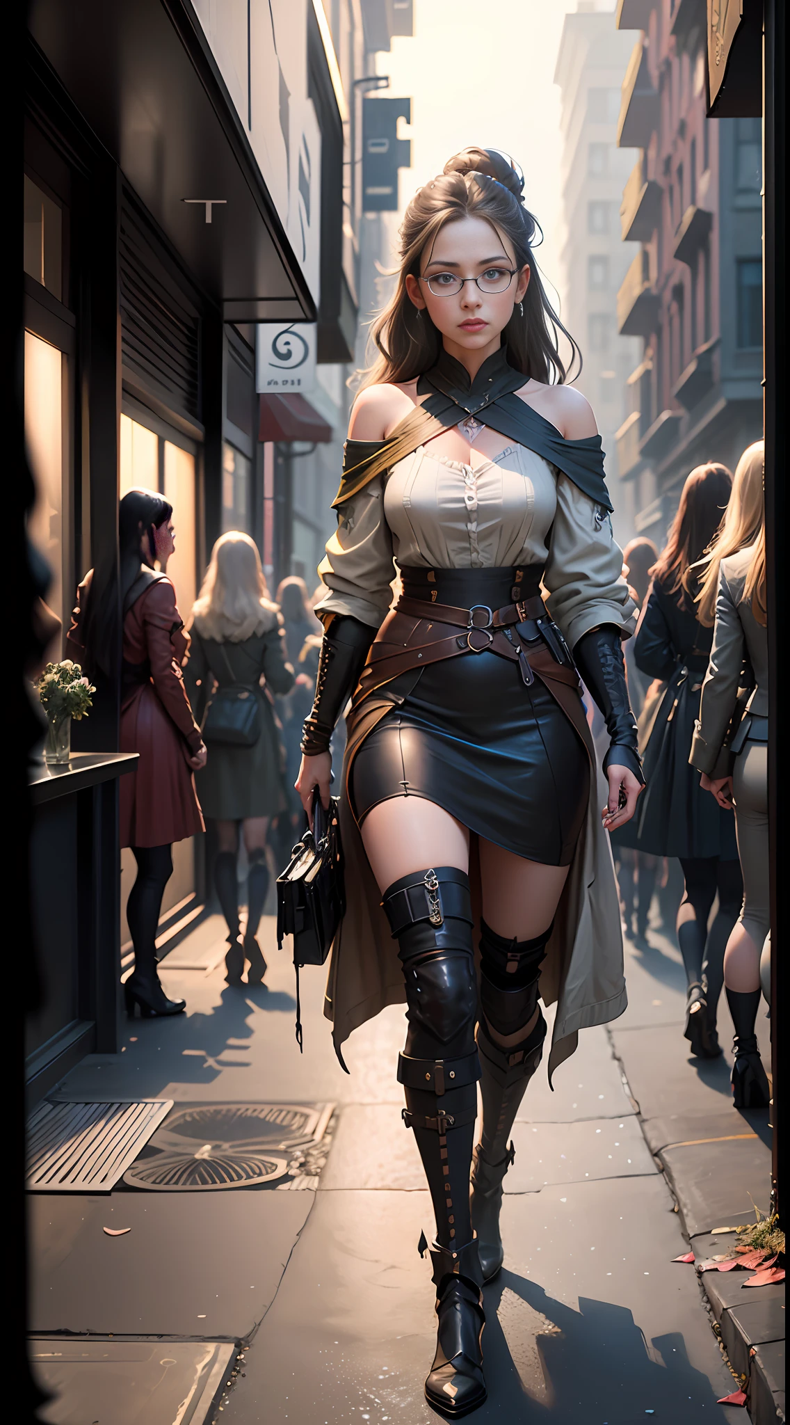 (((6 Girls:1.3))) (genetic artwork), realistic epic, hyperrealistic style. with bright blue eyes.walking down a city street in a red dress, Jeremy Mann style, James Gurney painting style, fully clothed. sexy painting, jeremy mann art, by Marek Okon, Leonid Afremov painting, wadim kashin. ultra-realistic, by Carlos Berlanga, influenced by Jeremy Mann, elegant Clean Lines. Military camouflage sexy clothing. (((6 Girls))). Glasses reflecting light, art by greg rutkowski and artgerm, soft cinematic light, adobe lightroom, photolab, hdr, intricate, highly detailed, (depth of field:1.4), (natural skin texture, hyperrealism, soft light, sharp:1.2), (dark photo:1.22), neutral colors, (hdr:1.4), (muted colors:1.4), (intricate), (artstation:1.2), hyperdetailed, dramatic, intricate details, (technicolor:0.9), (rutkowski:0.8), cinematic, detailed, (intricate details:1.12), HDR, (intricate details, hyperdetailed:1.15)