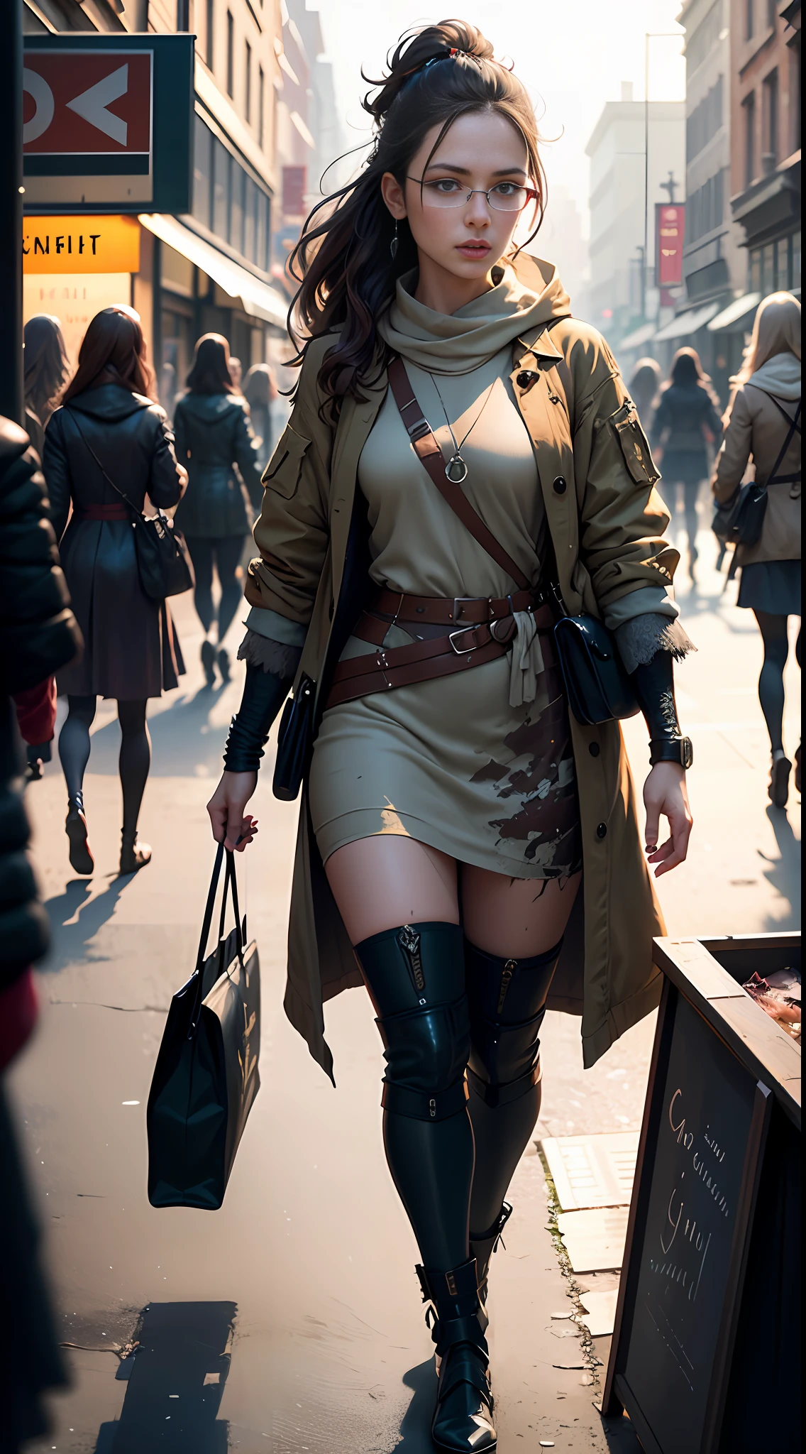 (((6 Girls:1.3))) (genetic artwork), realistic epic, hyperrealistic style. with bright blue eyes.walking down a city street in a red dress, Jeremy Mann style, James Gurney painting style, fully clothed. sexy painting, jeremy mann art, by Marek Okon, Leonid Afremov painting, wadim kashin. ultra-realistic, by Carlos Berlanga, influenced by Jeremy Mann, elegant Clean Lines. Military camouflage sexy clothing. (((6 Girls))). Glasses reflecting light, art by greg rutkowski and artgerm, soft cinematic light, adobe lightroom, photolab, hdr, intricate, highly detailed, (depth of field:1.4), (natural skin texture, hyperrealism, soft light, sharp:1.2), (dark photo:1.22), neutral colors, (hdr:1.4), (muted colors:1.4), (intricate), (artstation:1.2), hyperdetailed, dramatic, intricate details, (technicolor:0.9), (rutkowski:0.8), cinematic, detailed,  (intricate details:1.12), HDR, (intricate details, hyperdetailed:1.15)