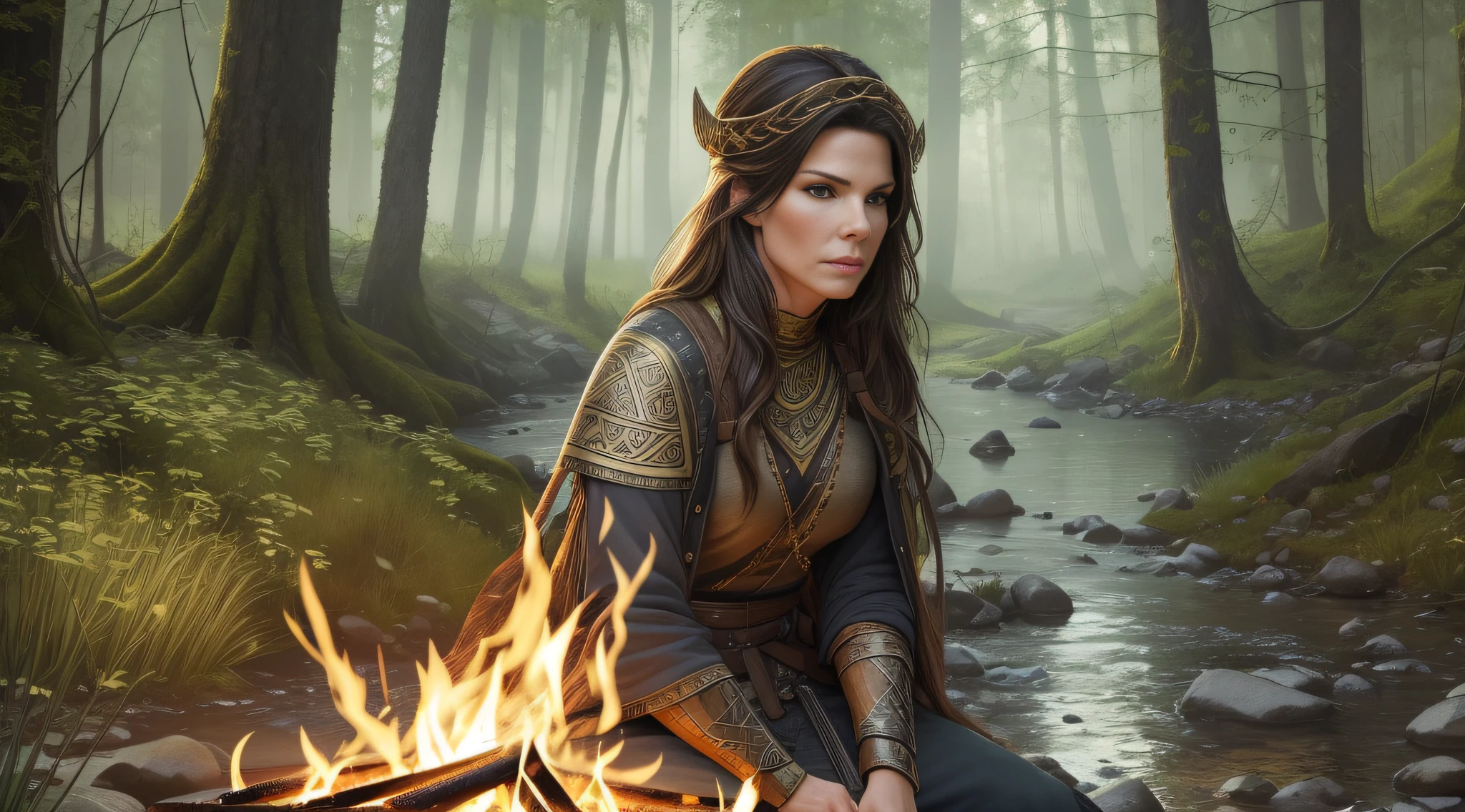 Sandra Bullock is a very beautiful woman, a Viking warrior sitting near a fire at dawn in the middle of a forest on the edge of a stream, the vegetation is green and the lights pass through the leaves of the trees, a soft mist covers the environment, white and gold clothes and black details, Celtic tattoos for the body. Cartoon style, colorful, two-dimensional