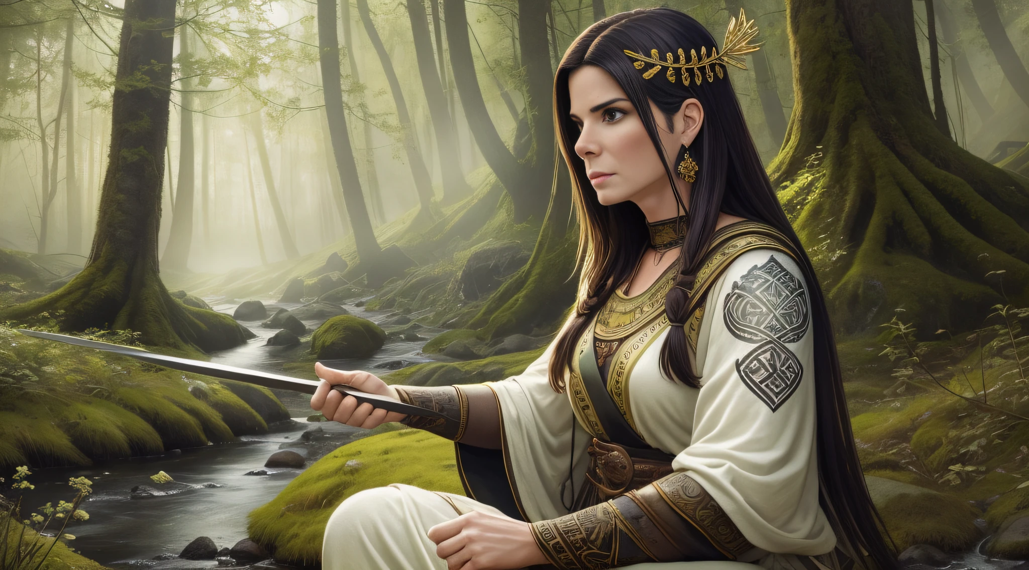Sandra Bullock is a very beautiful woman, a Viking warrior sitting near a fire at dawn in the middle of a forest on the edge of a stream, the vegetation is green and the lights pass through the leaves of the trees, a soft mist covers the environment, white and gold clothes and black details, Celtic tattoos for the body. Cartoon style, colorful, two-dimensional