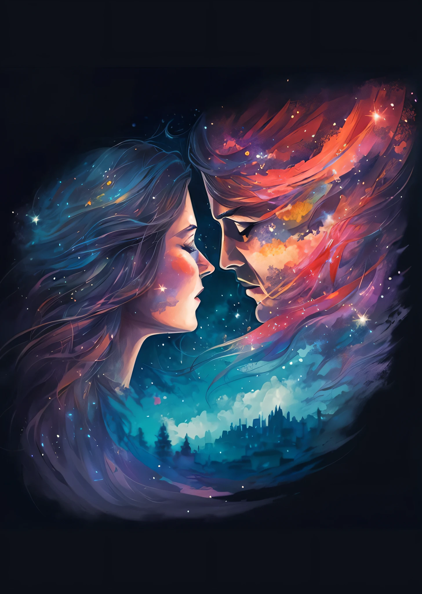 painting of a woman with long hair and a sky background, facing each other, jen bartel, cyril rolando and m. w kaluta, cyril rolando and m.w kaluta, by Cyril Rolando, in style of cyril rolando, by Hristofor Žefarović, anton fadeev and dan mumford
