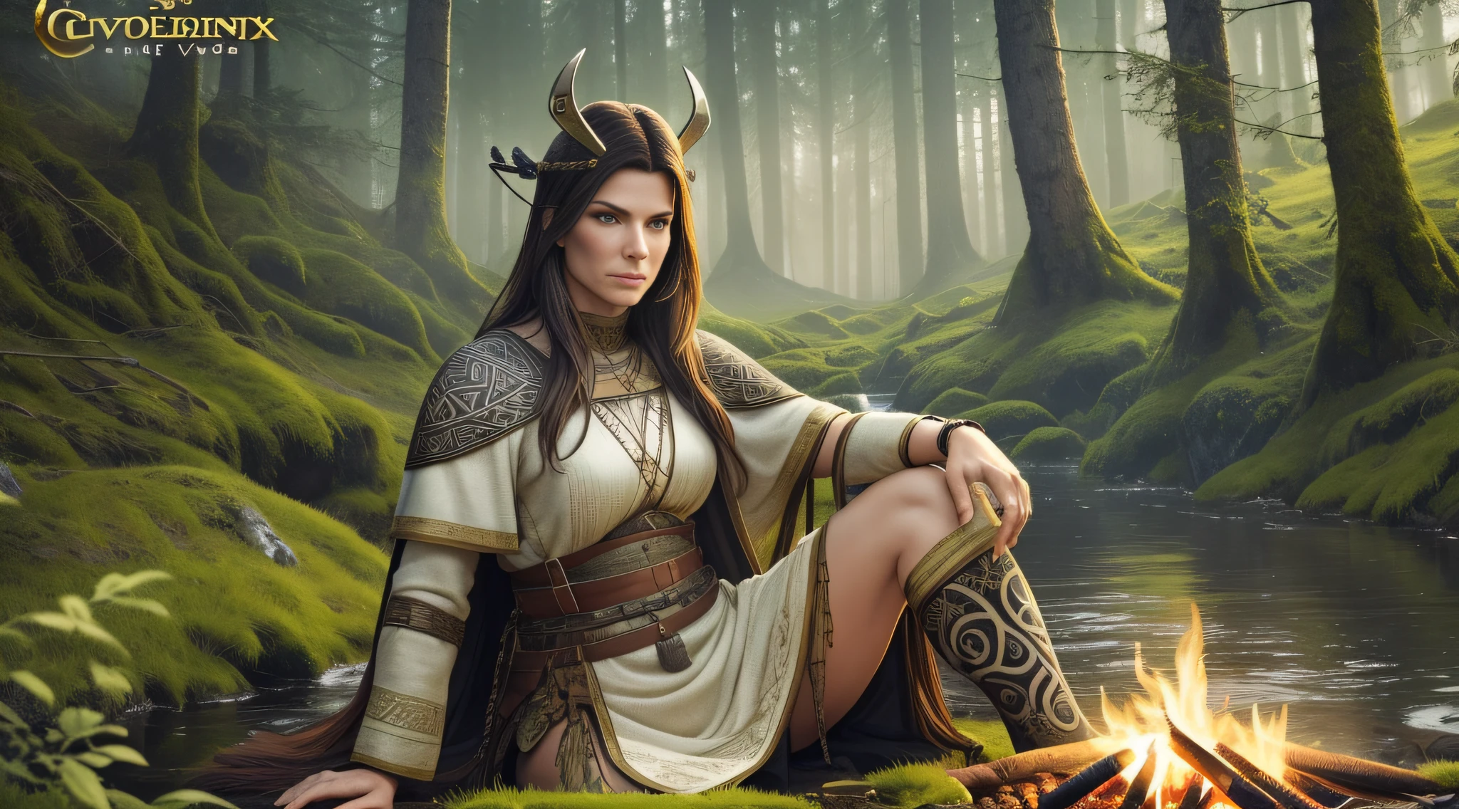 Sandra Bullock is a very beautiful woman, a Viking warrior sitting near a fire at dawn in the middle of a forest on the edge of a stream, the vegetation is green and the lights pass through the leaves of the trees, a soft mist covers the environment, white and gold clothes and black details, Celtic tattoos for the body. Cartoon style, colorful, two-dimensional