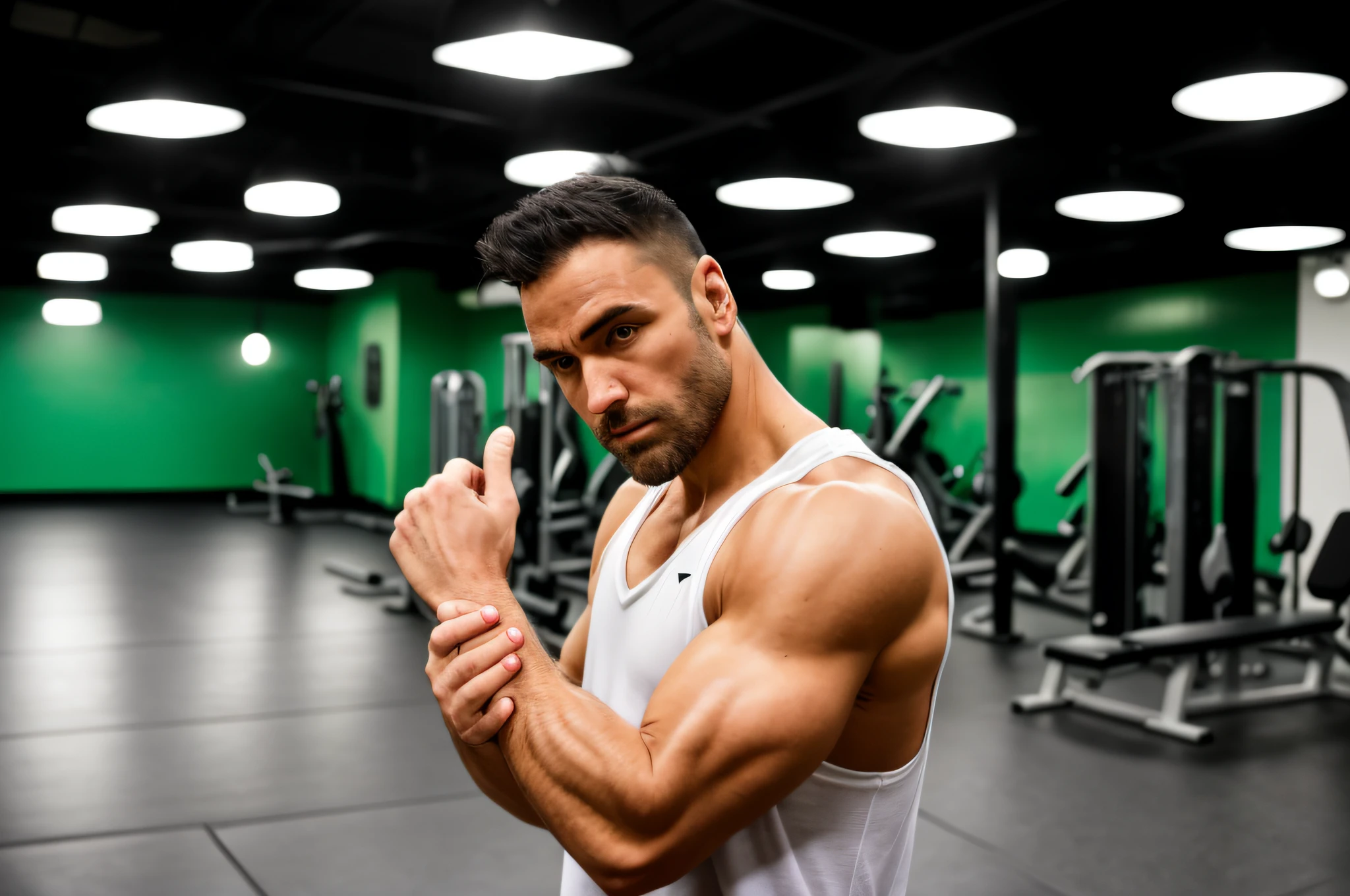 there is a man that is standing in a gym with a wrist, depressed dramatic bicep pose, athletic man in his 30s, swollen muscles, his palms are sweaty, épaule devant pose, posing with crossed arms, insectile forearms folded, in a gym, man standing in defensive pose, bandage on arms, muscular arms