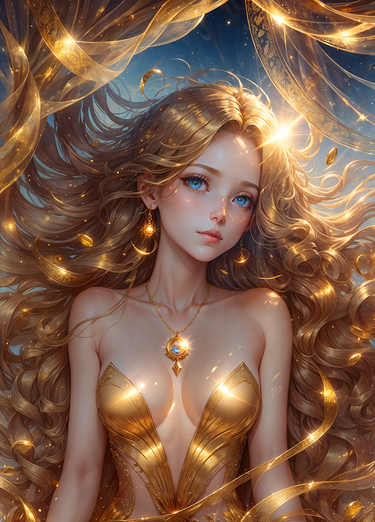 Full shot body photo, illustration, cinematic light, fantasy, highest quality, best quality, masterpiece, (face fine), tall and sexy gold coin dress, sparkling sandy beach, floating embers, golden hair jewelry, golden light reflecting the sun's rays, (focus on body: 1.25), clear blue sky, desert and sea background, long curly hair, golden eyes release of magical energy , Dark Reflection, Light Reflection --s2