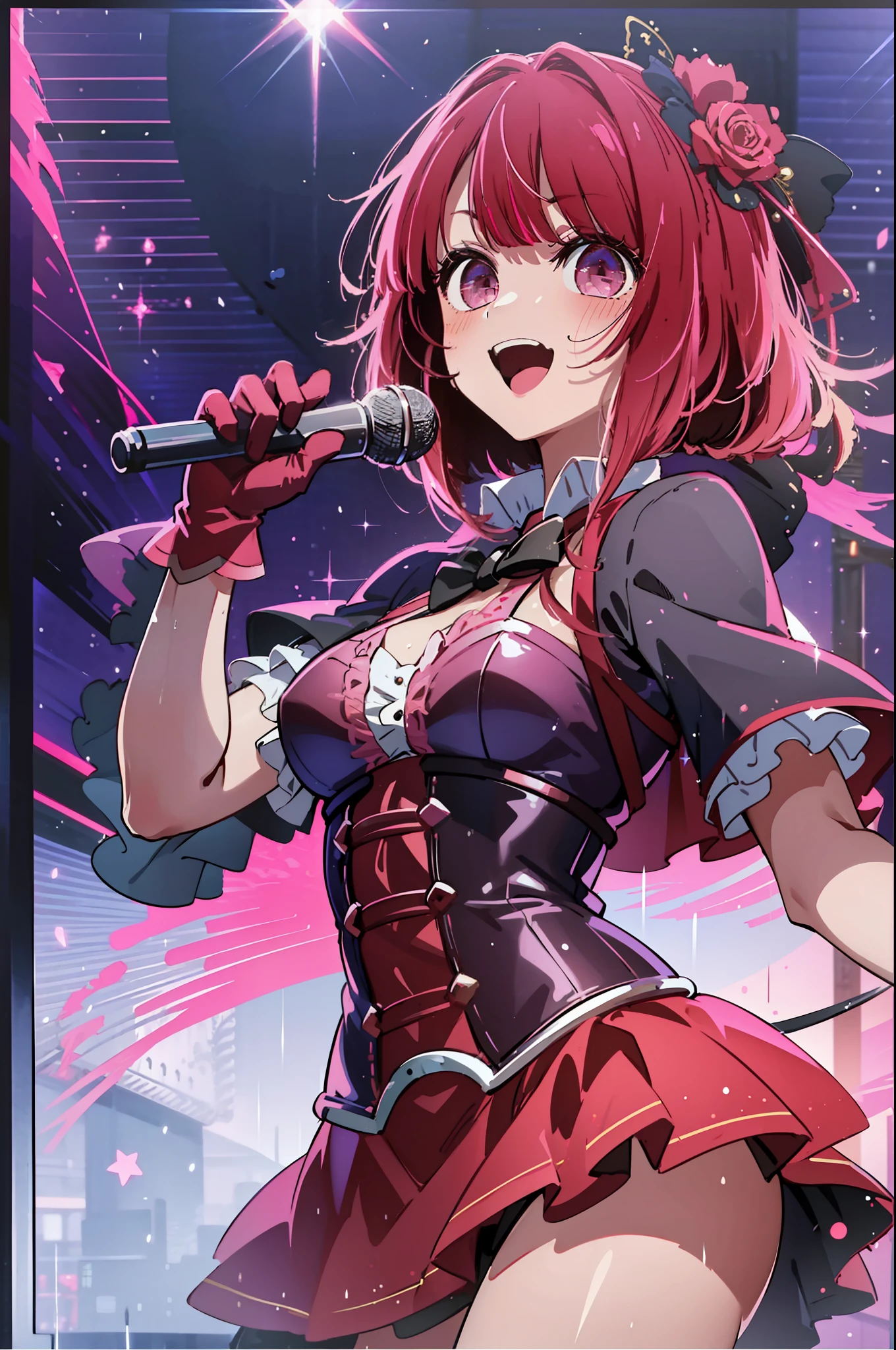 best quality, masterpiece, 2d, masterpiece, best quality, anime, highly detailed, cowboy shot, 1girl, solo, looking at viewer, smile, red hair and a red eye, happy, sweating, posing, ((red dress)), (((pink gloves))), dancing, singing, glow, on stage, hair ornament, stage, lights, streaked hair, glowing eyes, medium breast, gloves, mouth open singing, short cape corset, black skirt, Red skirt, red skirt, 8k