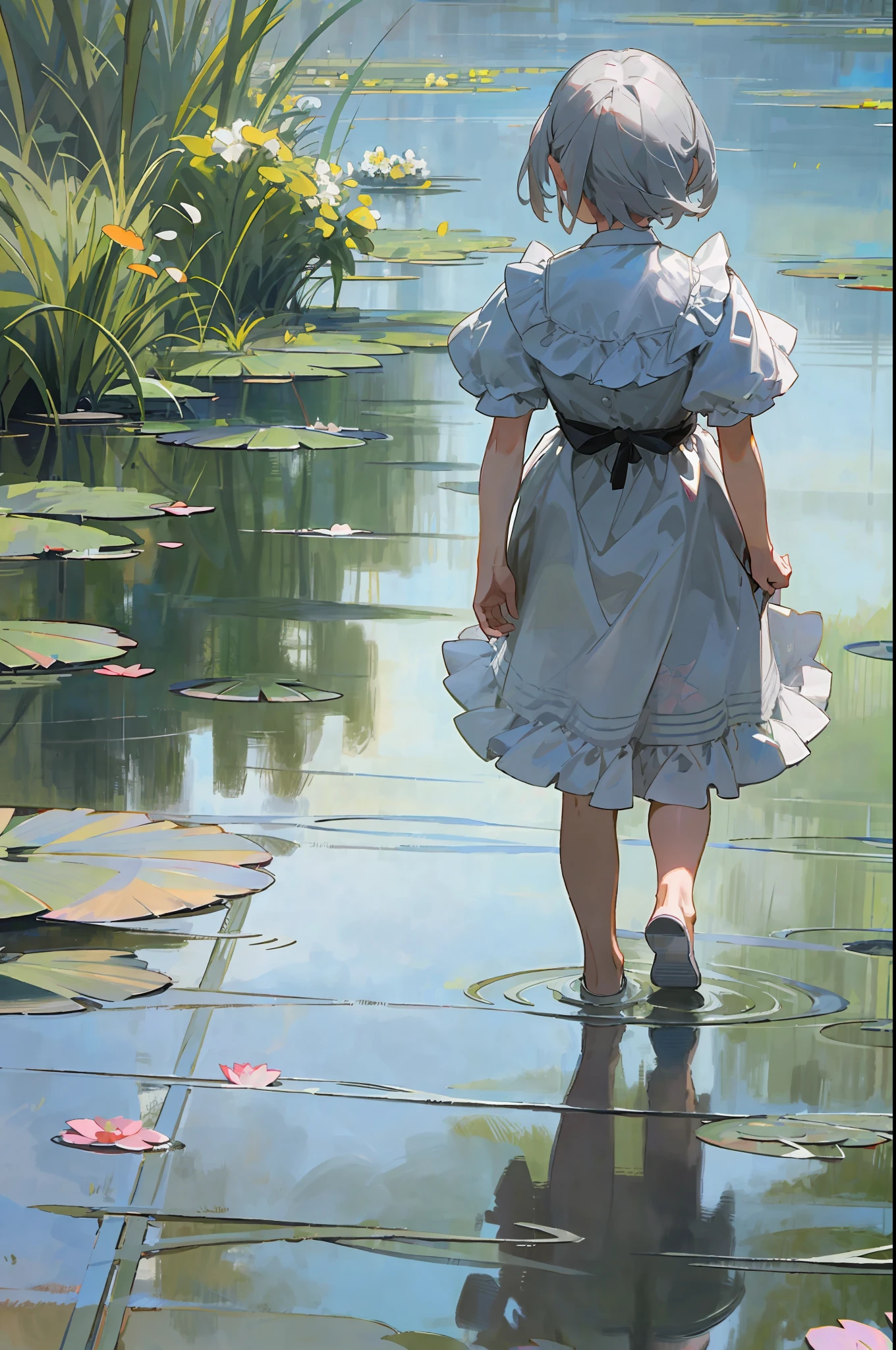 Ambiguous drafts drawn with brushes, very pastel paintings, insanely detailed three-dimensional gray hair: 1.4, Claude Monet, vividly, little girl walking on the surface of the water, bikini with ruffles, mirror reflection of the water surface