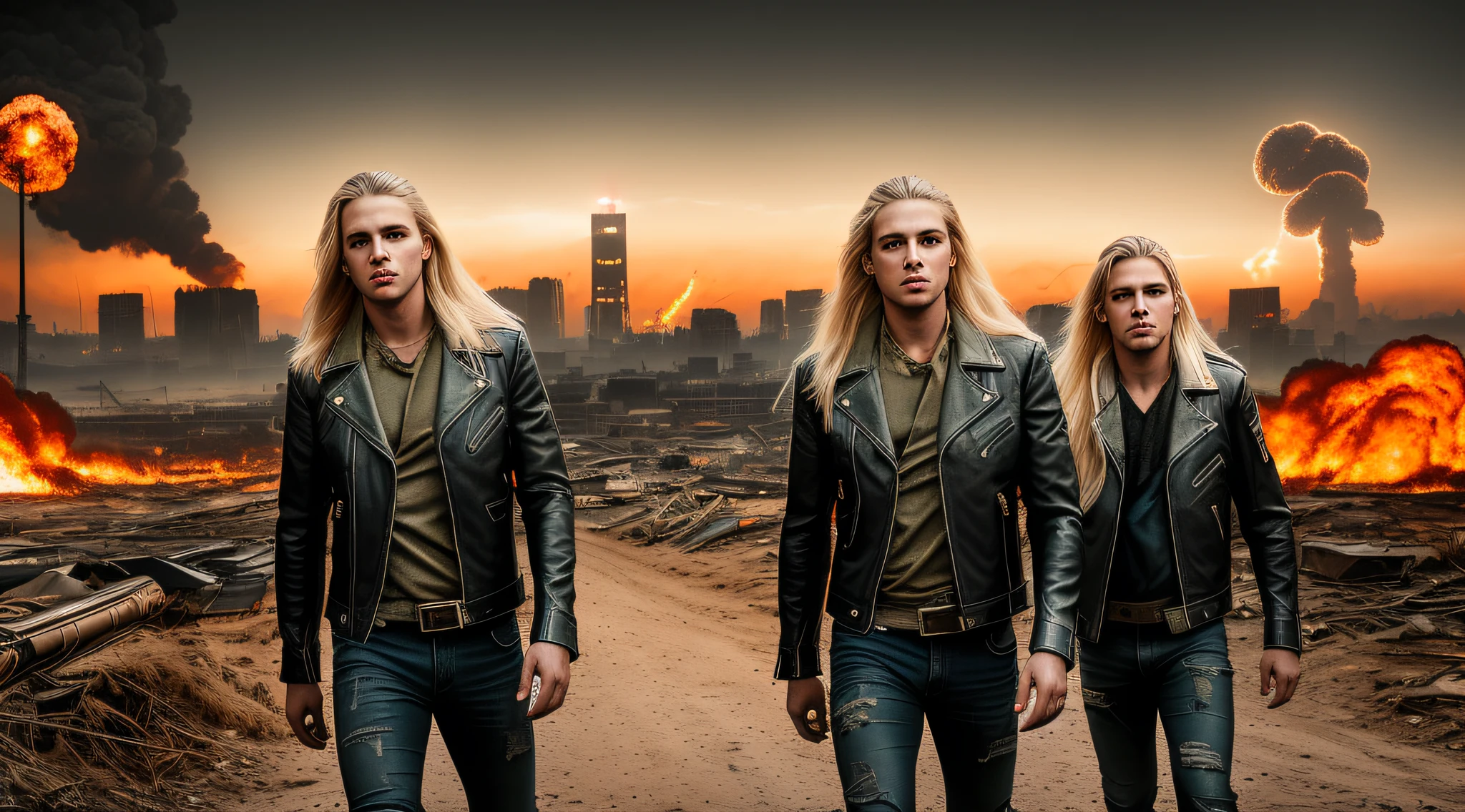 RAW, Award-winning Glamour photography of 3 three boys leather jacket and jeans, long blonde hair, close-up, hyper-detailed, camouflaged lingerie, post-apocalyptic, nuclear Armageddon, burning cityscape background at night, sandy, dirt, mushroom cloud, bloated, erect