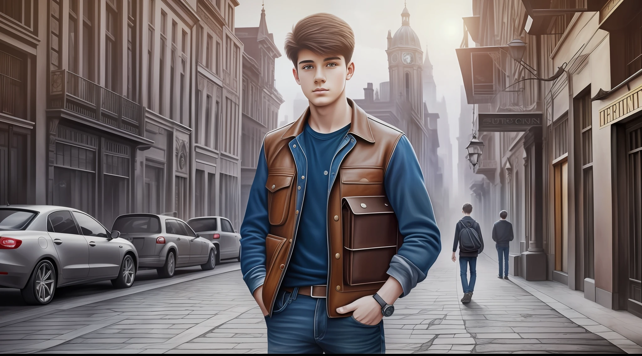 Drawing, ultra realistic, 8k, extremely detailed, in the best quality, a 17-year-old teenage man, standing, holding an old clock, in the background a blurred city --auto --s2