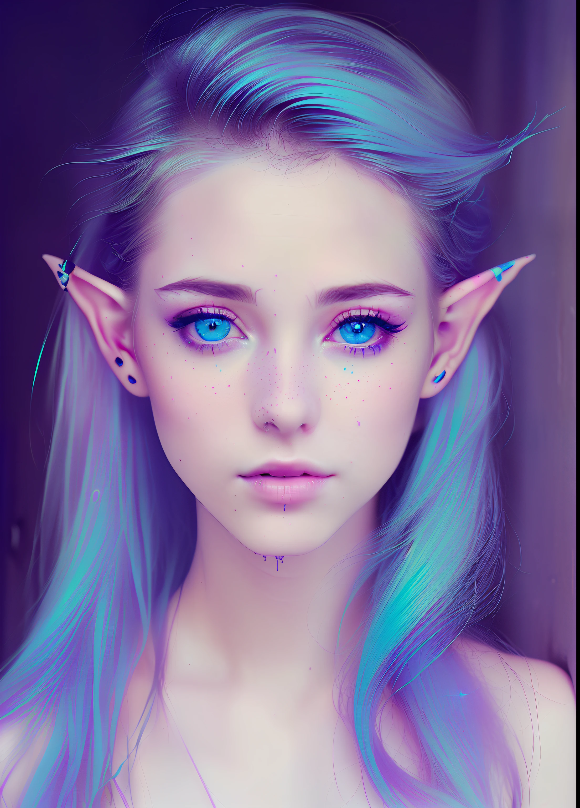 photo, style synthwave a elf woman by agnes cecile, luminous design, pastel colours, ink drips, autumn lights,perfect ears,blue eyes