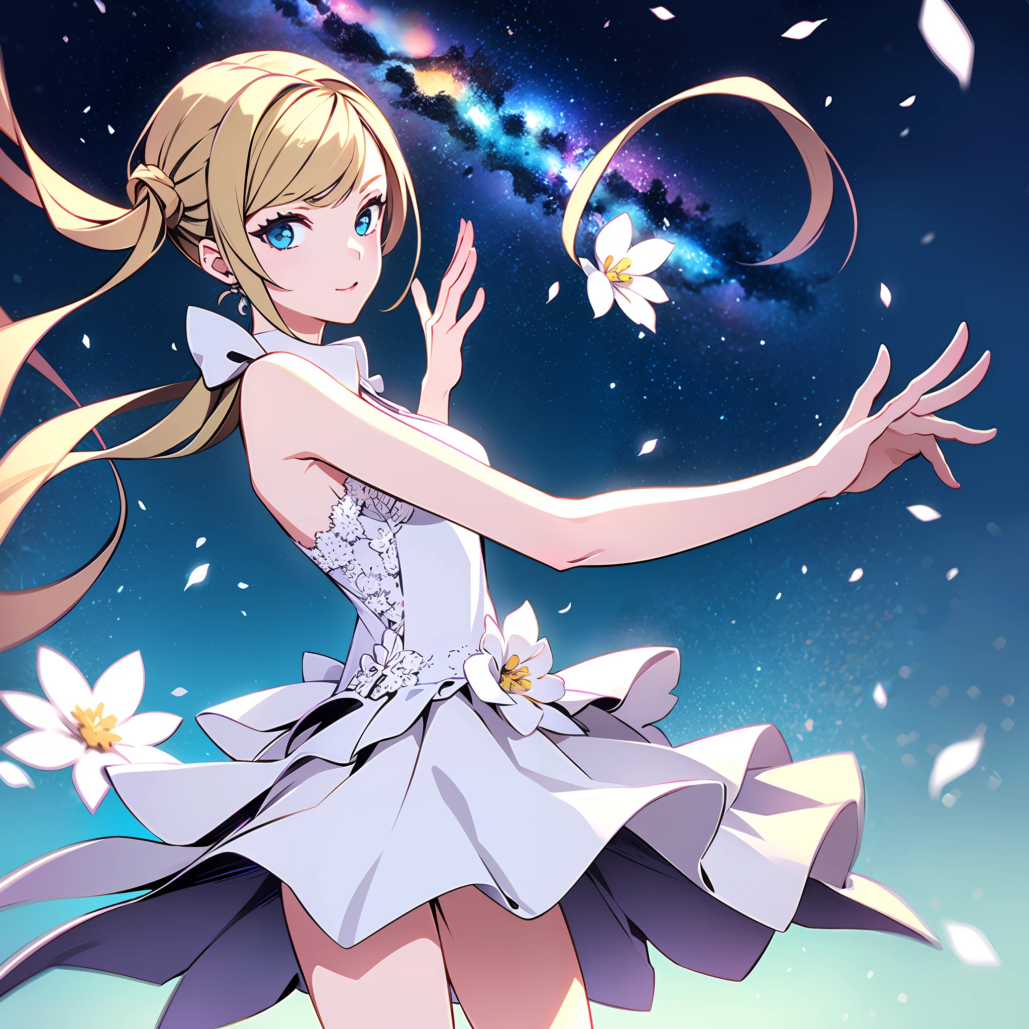 (best quality, masterpiece), 1girl, pose, particle, wind, flower, upper body, simple background, looking at viewer, blonde, galaxy,