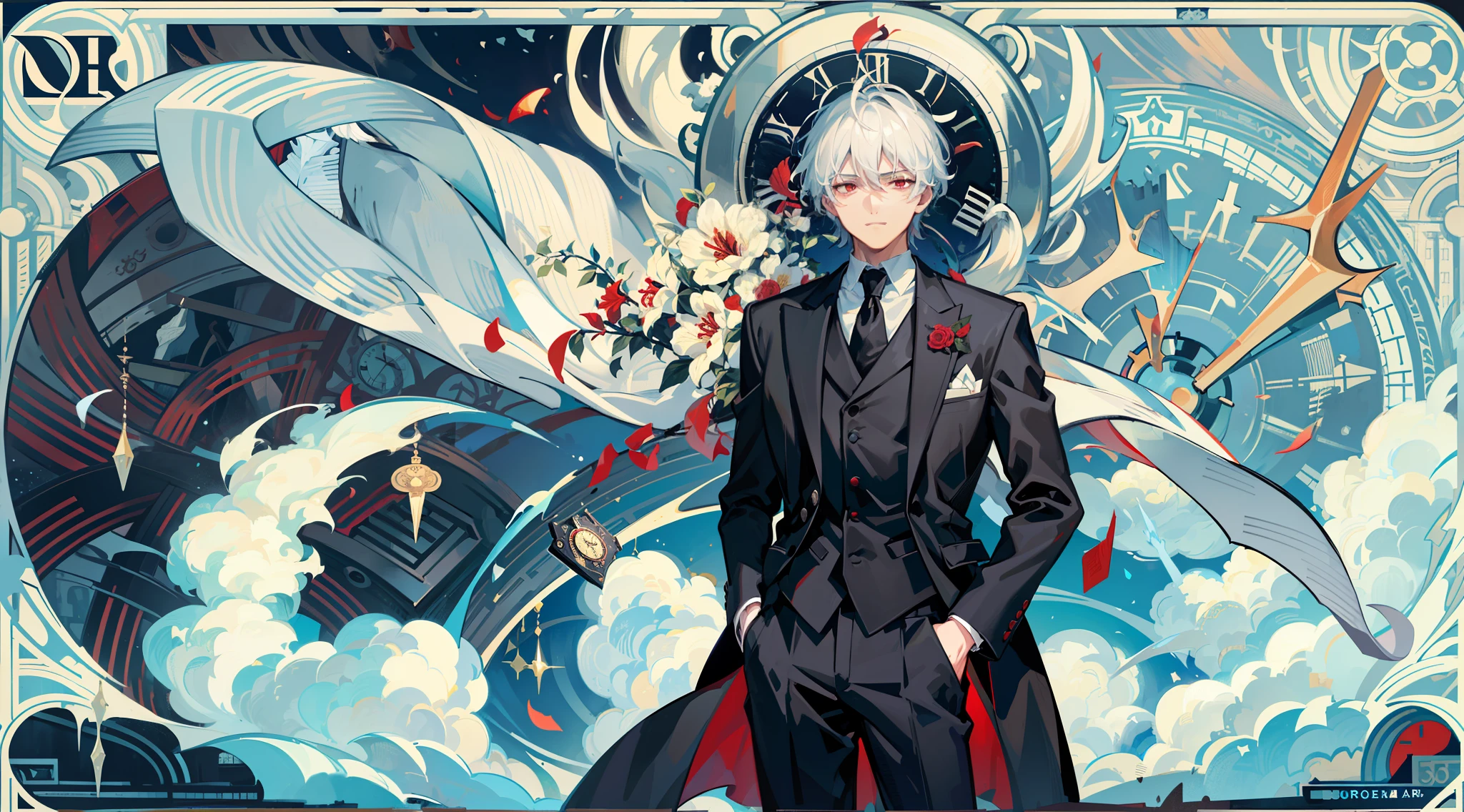 Masterpiece, male, tarot card composition, pure black suit, hands in pockets, white hair, red eyes, confidence, upper body photo, illustration, moon, flower, wind, sense of flow, tension, clouds, clock, broken dial